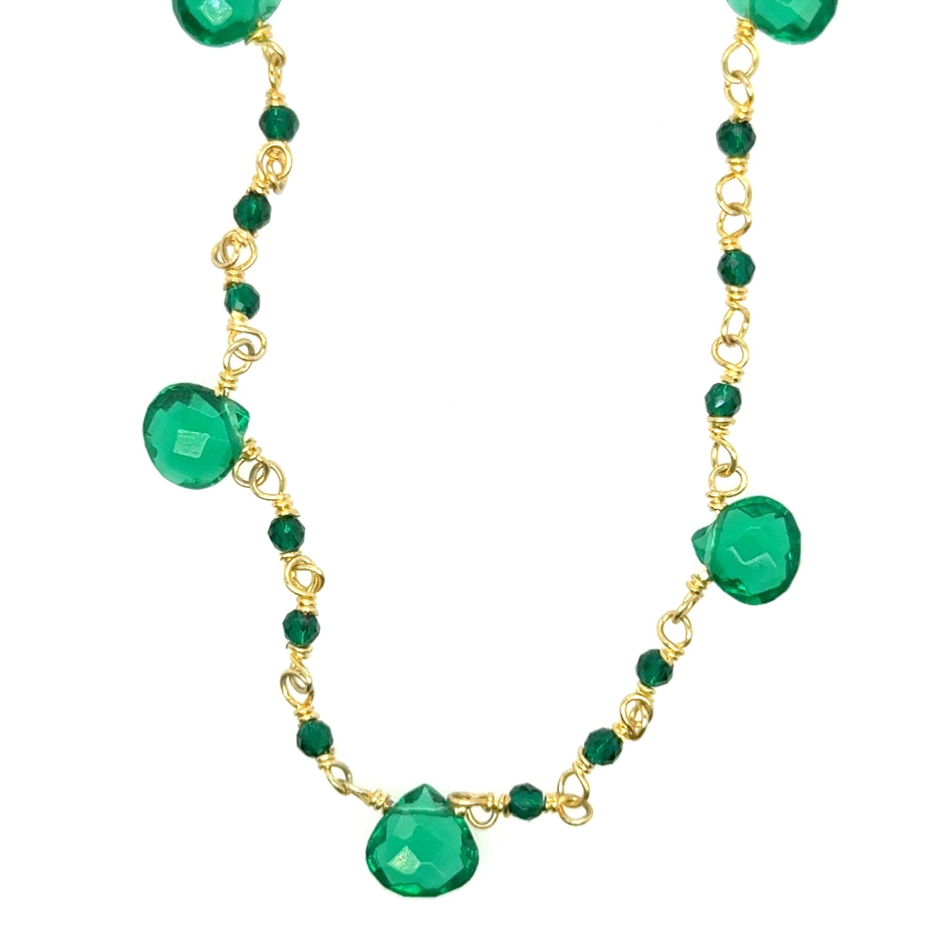 Rosary gold necklace with Green Onyx teardrop gemstone beads