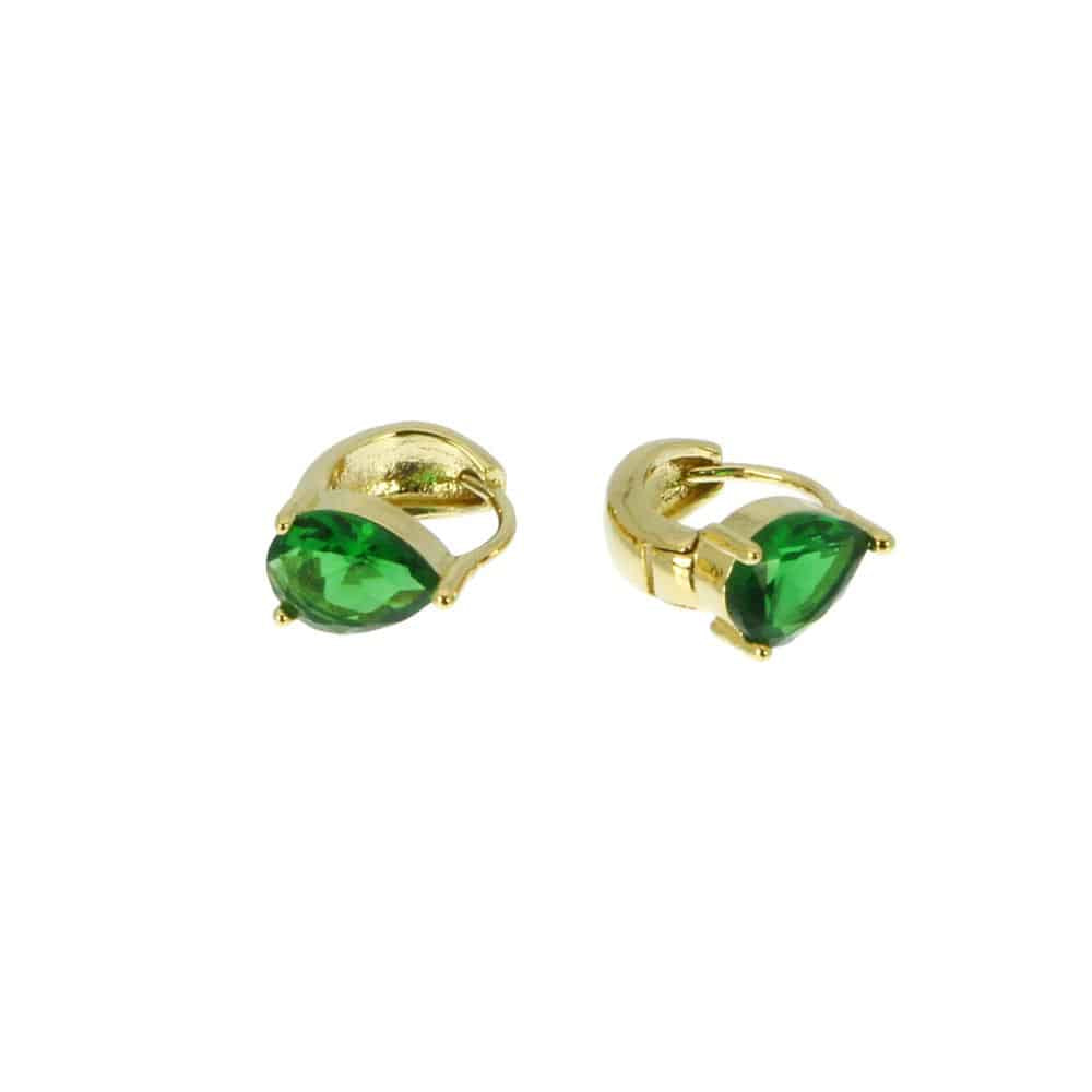 Gold earrings with green gemstones on a white background