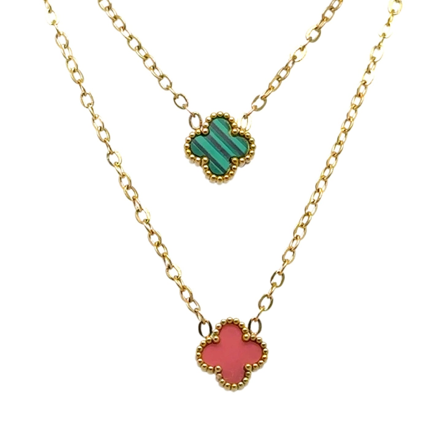 Two gold chain necklace with tiny 9mm  charms in green and pink