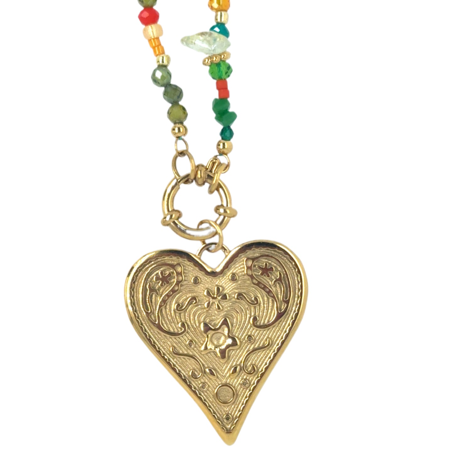 Necklace with green/red/yellow beads and a big gold patterned heart charm
