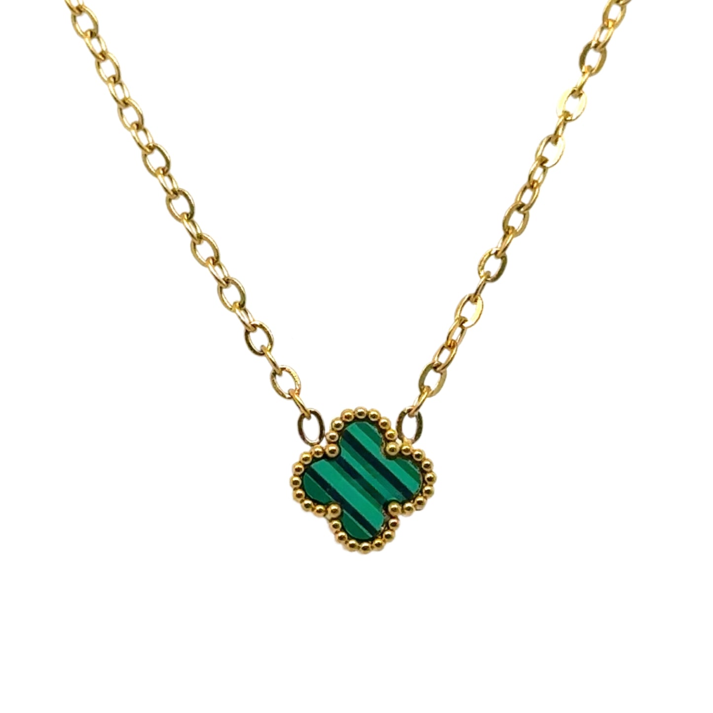 Delicate gold chain necklace with tiny 9mm green clover charm in the middle