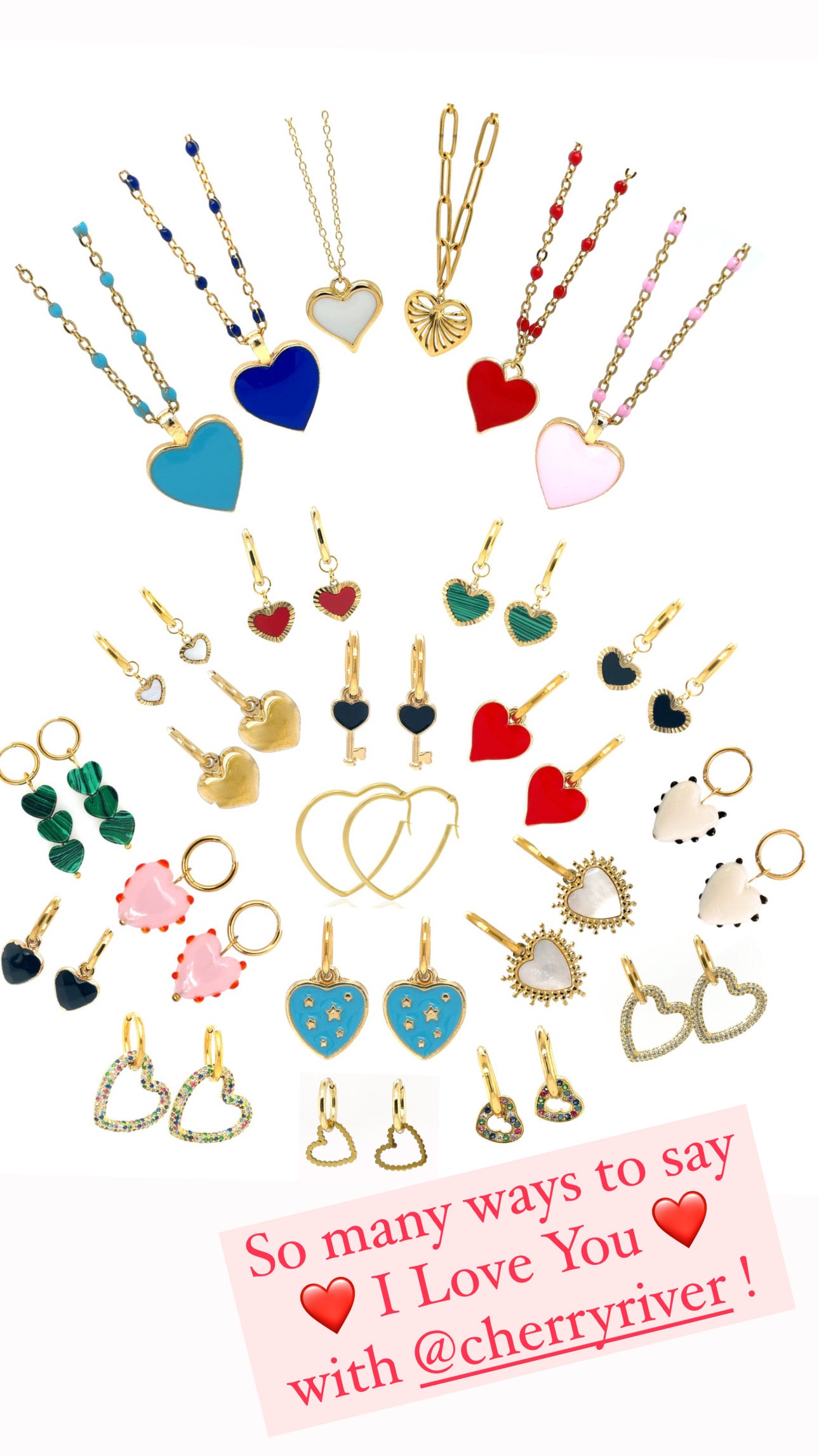 Collection of various necklaces and pendants with a promotional message on a white background