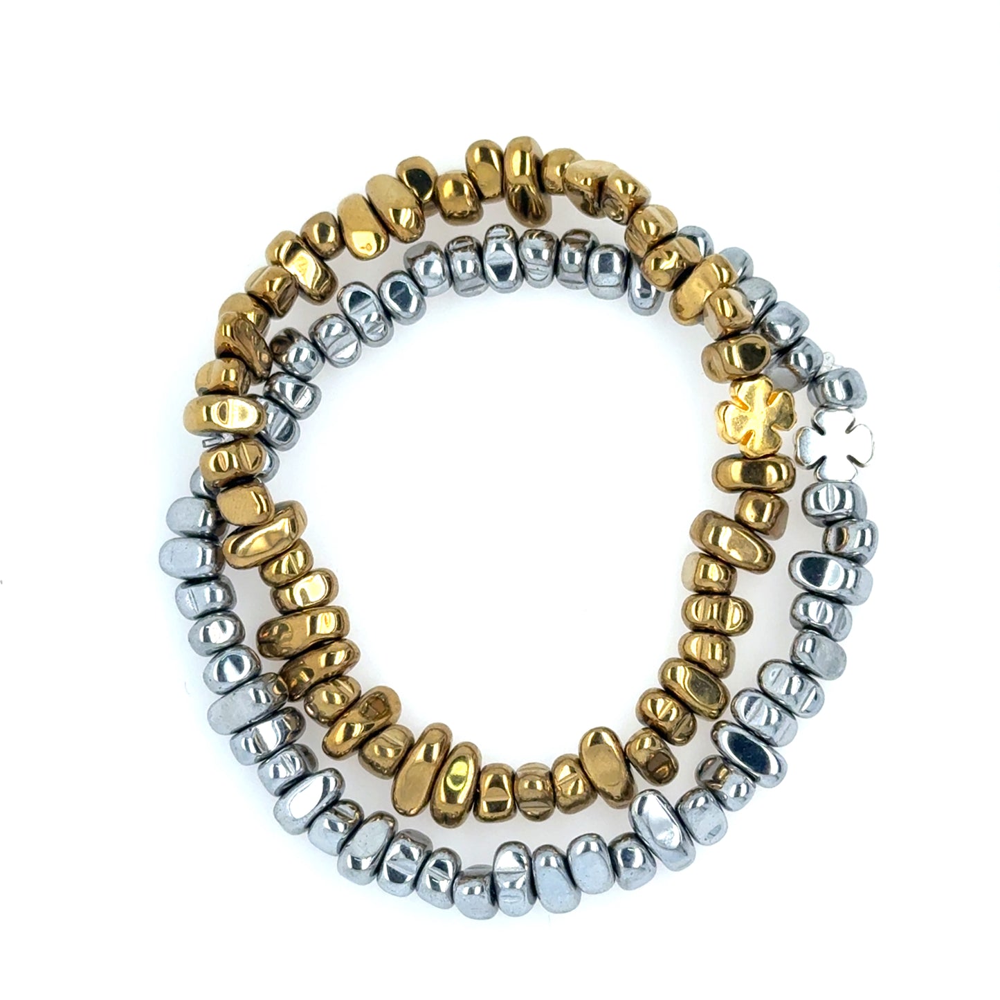 gold and silver hematite beaded bracelets