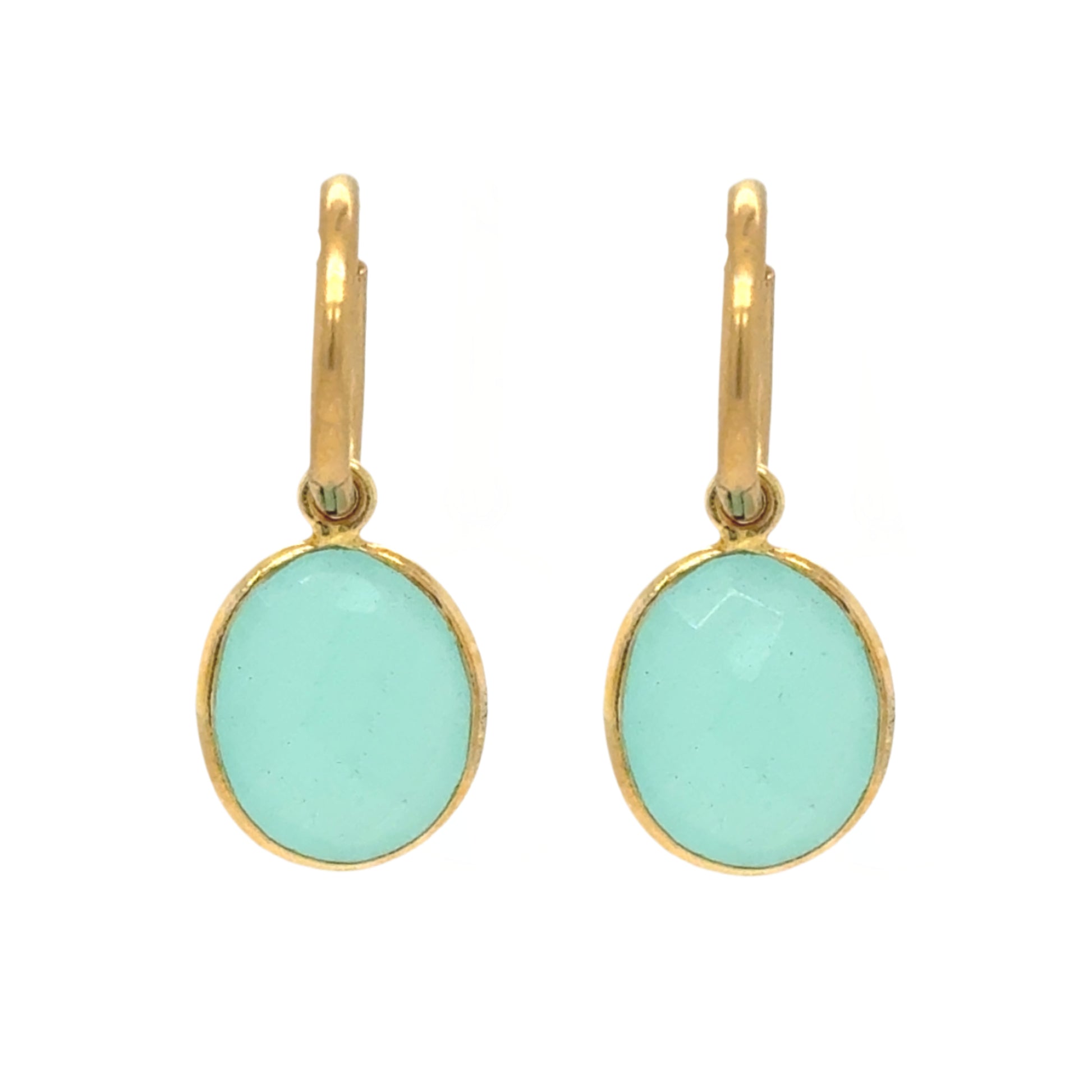 Gold hoop earrings with gorgeous Blue Hydro Quartz semi-precious gemstone oval charms