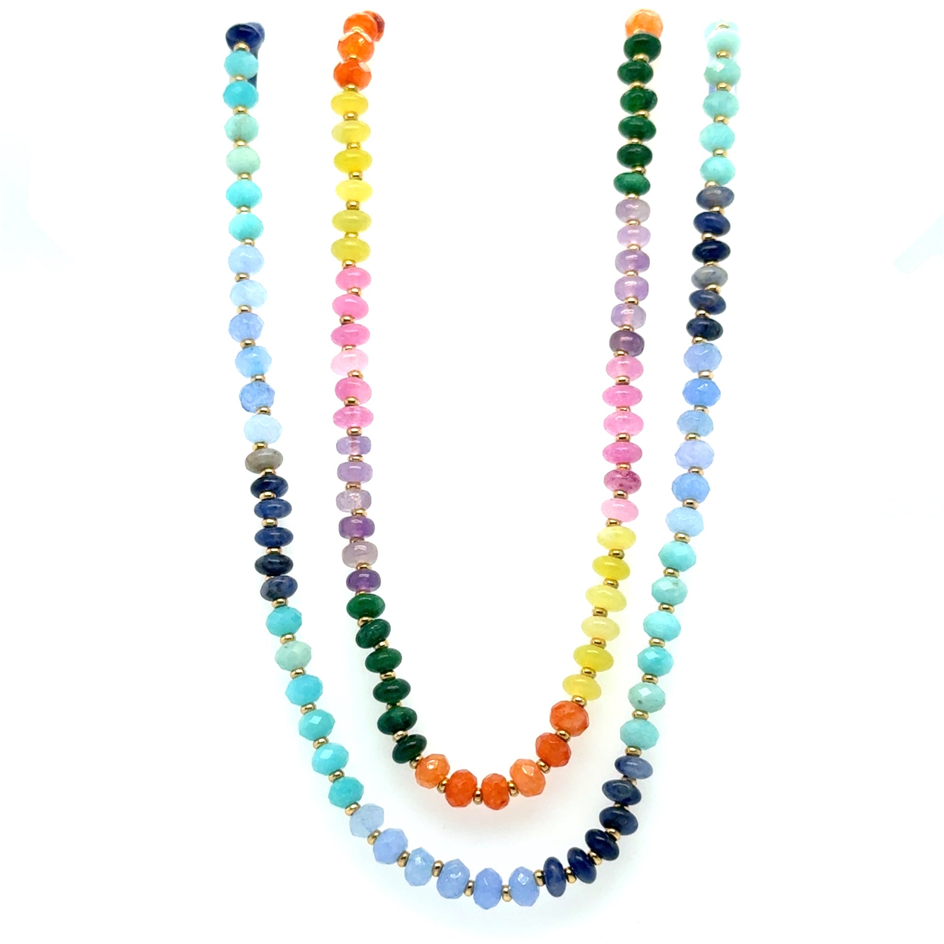 Colorful beaded necklaces on a white background