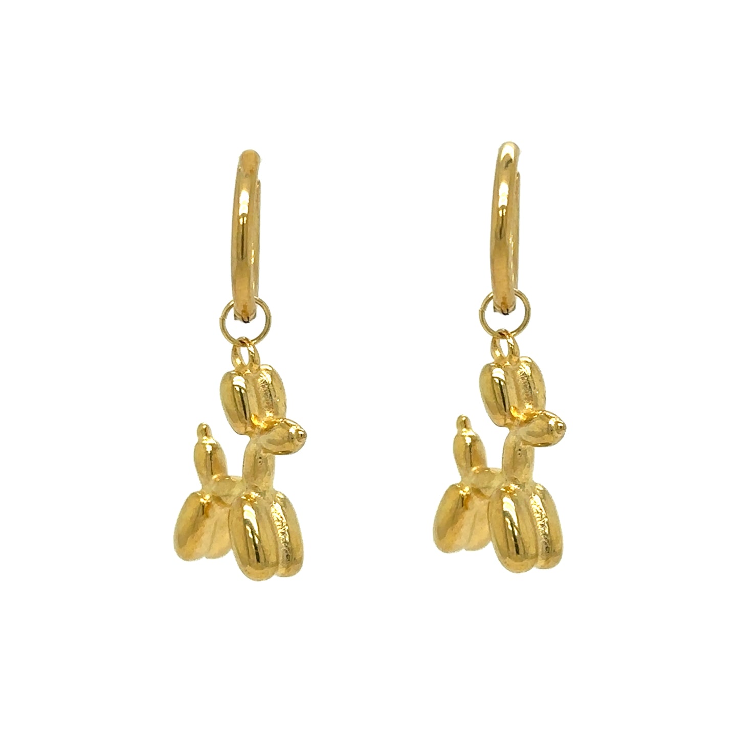 Delicate gold hoop earrings with adorable Jeff Koons balloon dog charms from the front