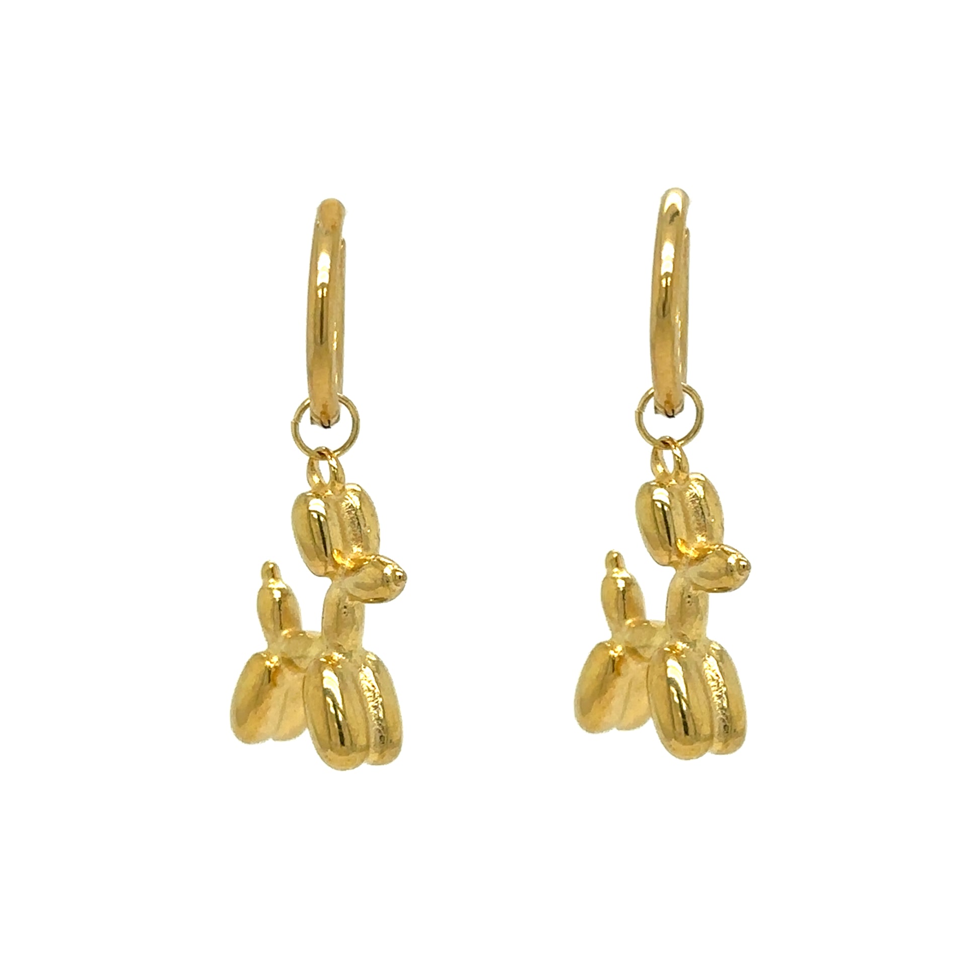 Delicate gold hoop earrings with adorable Jeff Koons balloon dog charms from the front