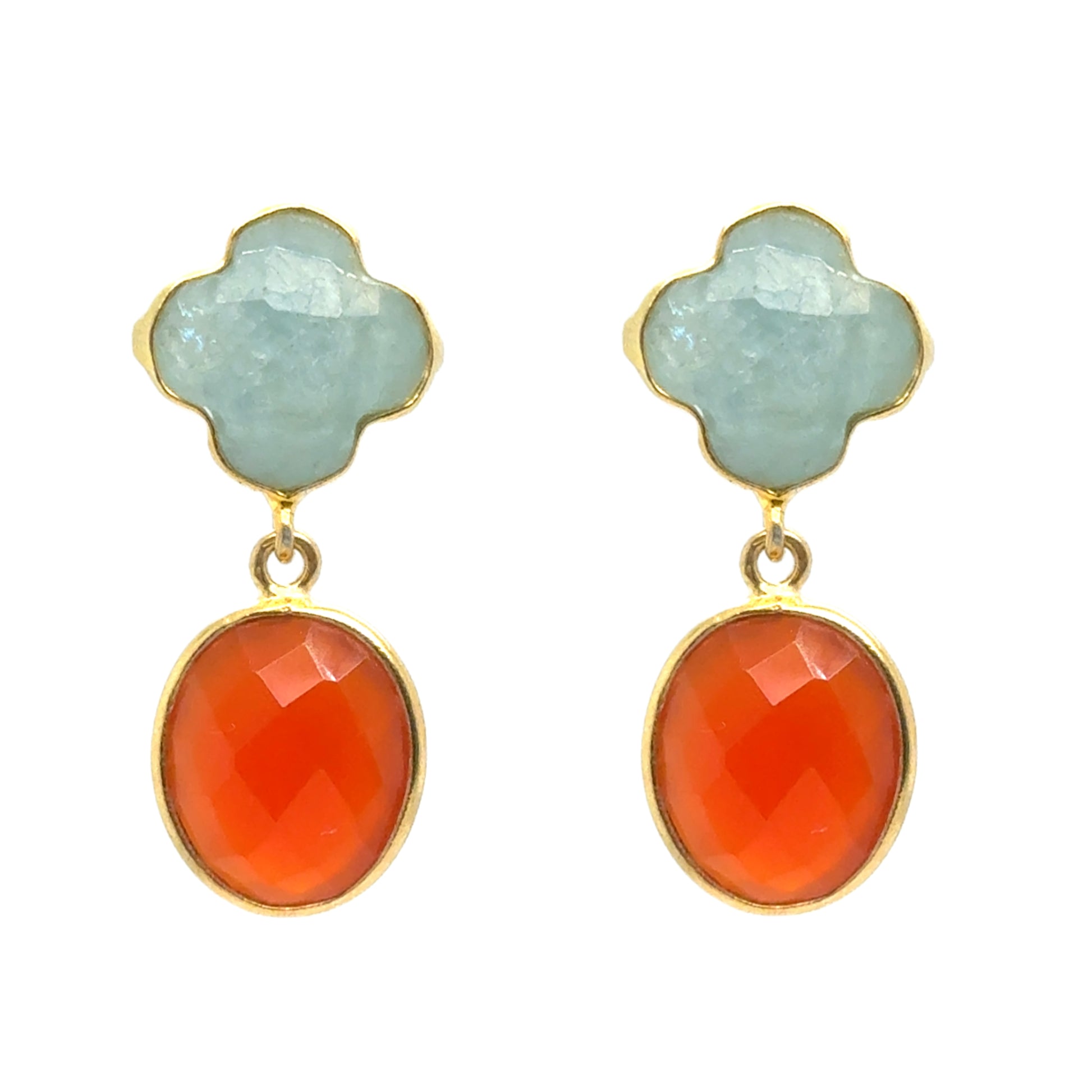 Clover shaped Aventurine semi-precious gemstone studs with oval Carnelian dangling charms