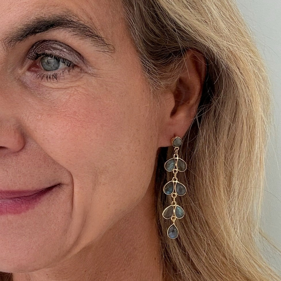 Close-up of a woman wearing gold earrings with labradorite gemstones.
