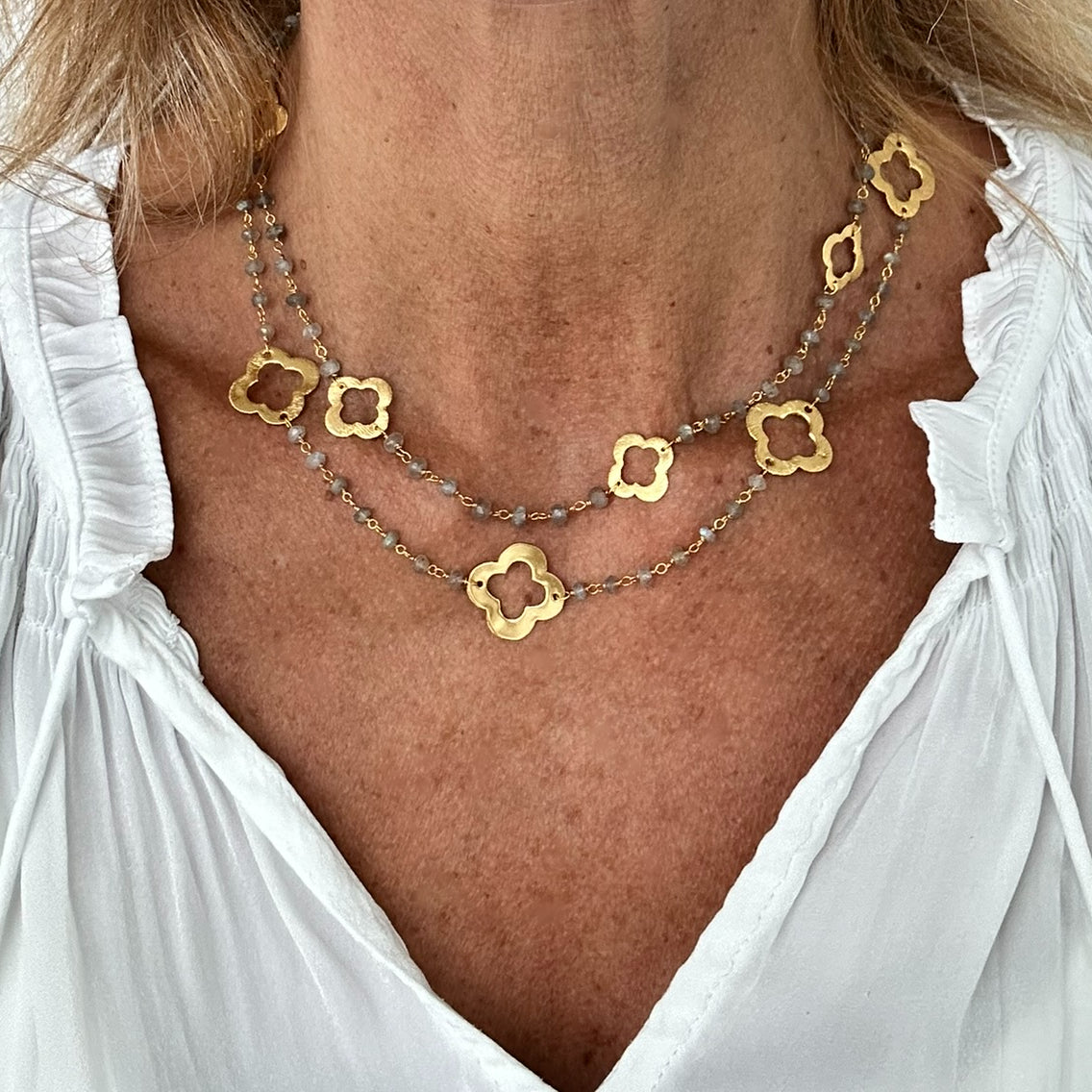 Rosary Labradorite Necklace with Small Gold Clover Charms