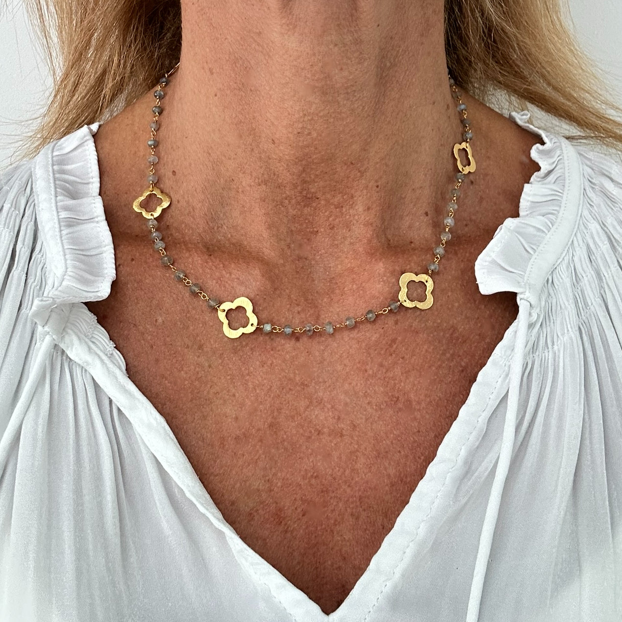 Rosary Labradorite Necklace with Small Gold Clover Charms