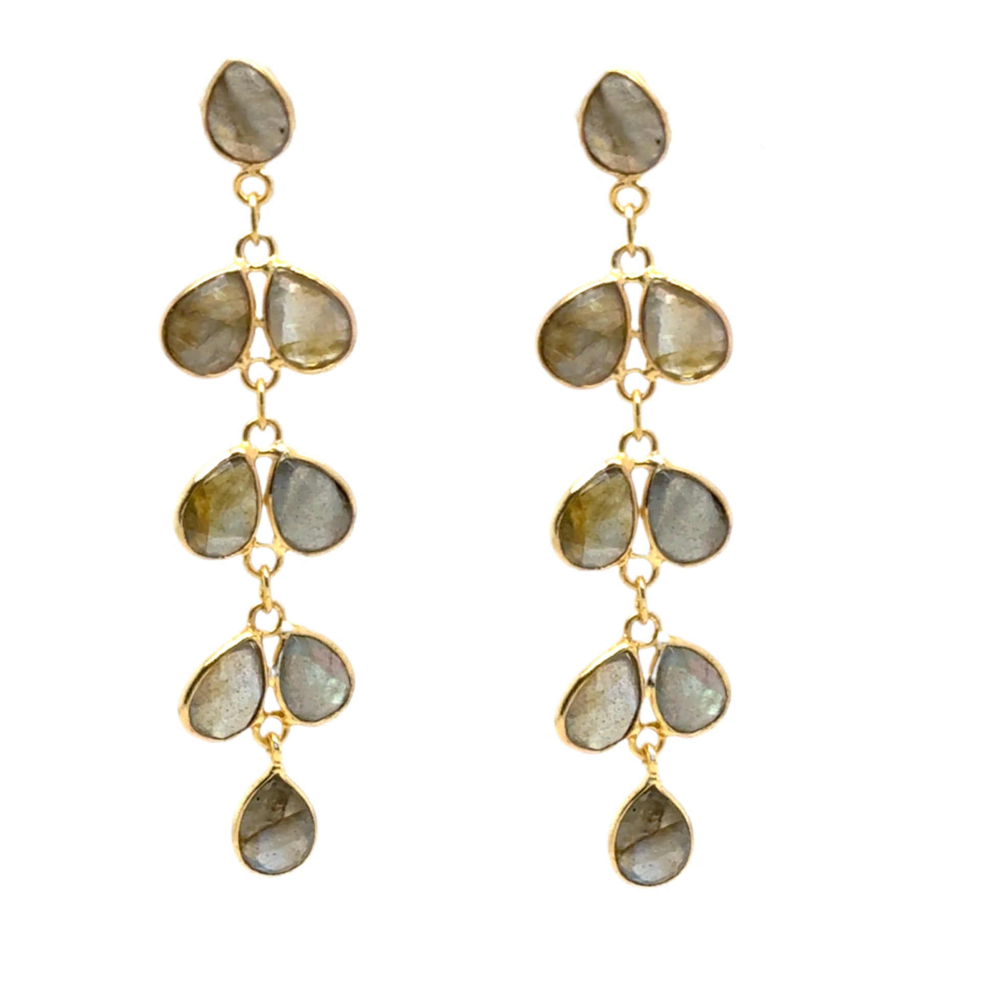 Lovely gold earrings with 8 small teardrop shaped Labradorite gemstone charms