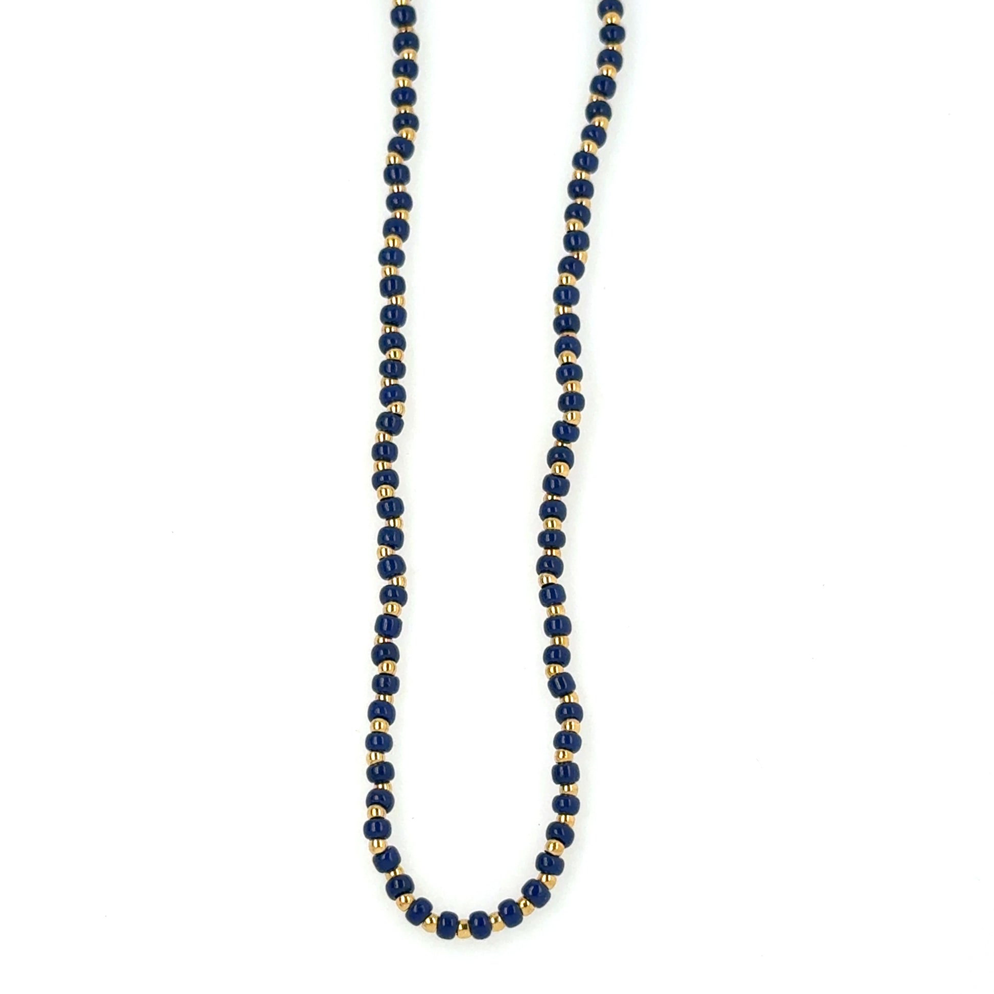 Navy blue and gold beaded necklace with gold accents on a white background