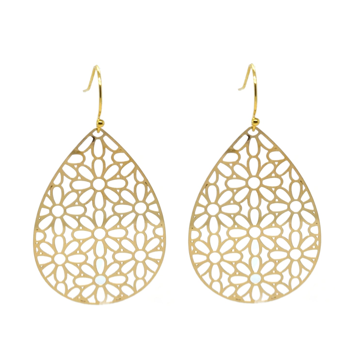 These lovely floral patterned gold teardrop earrings are made with 14 karat gold filled hooks that stay secure behind your ear with a rubber stopper.