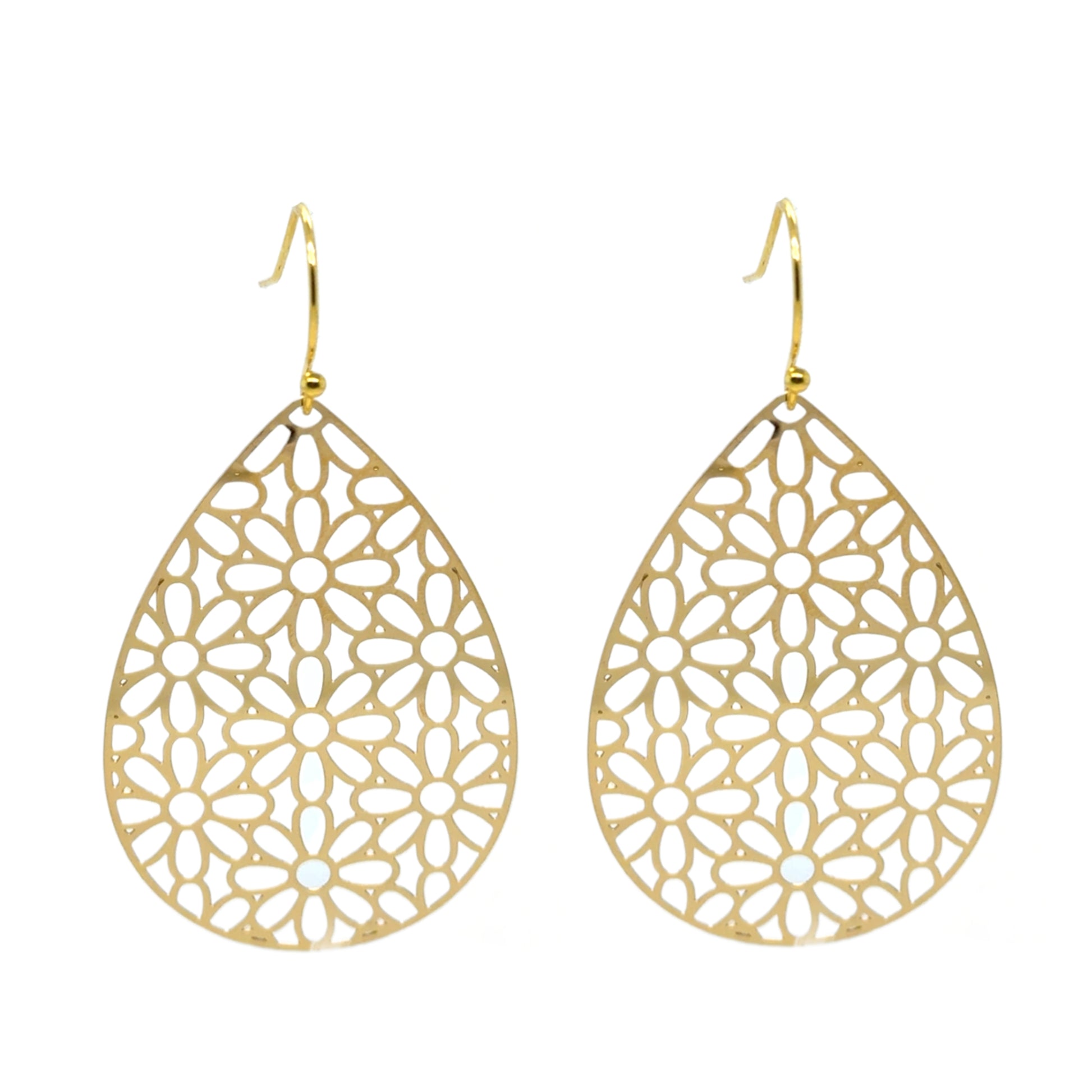 These lovely floral patterned gold teardrop earrings are made with 14 karat gold filled hooks that stay secure behind your ear with a rubber stopper.