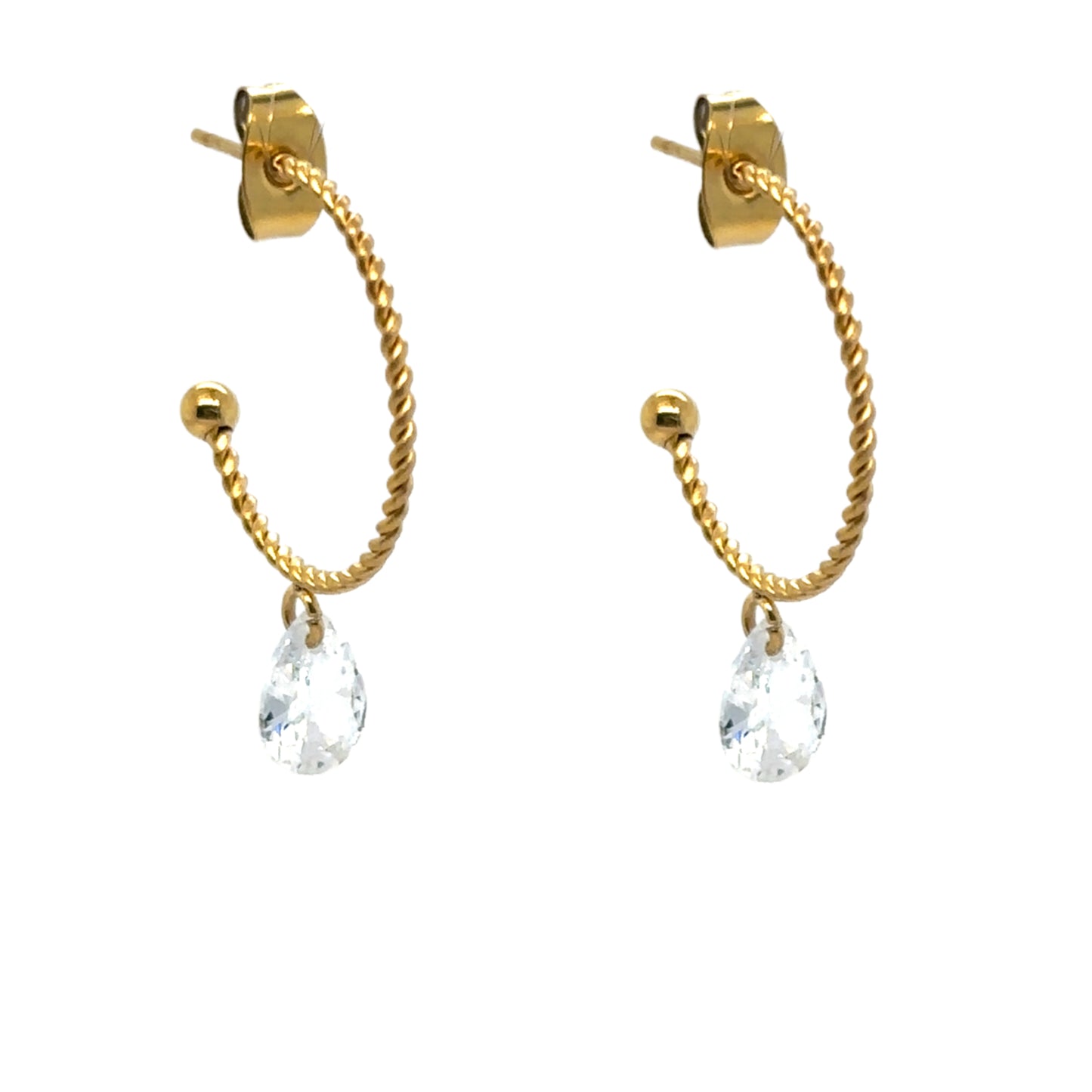 Large twisted gold hoop earrings with sparkly crystal charm