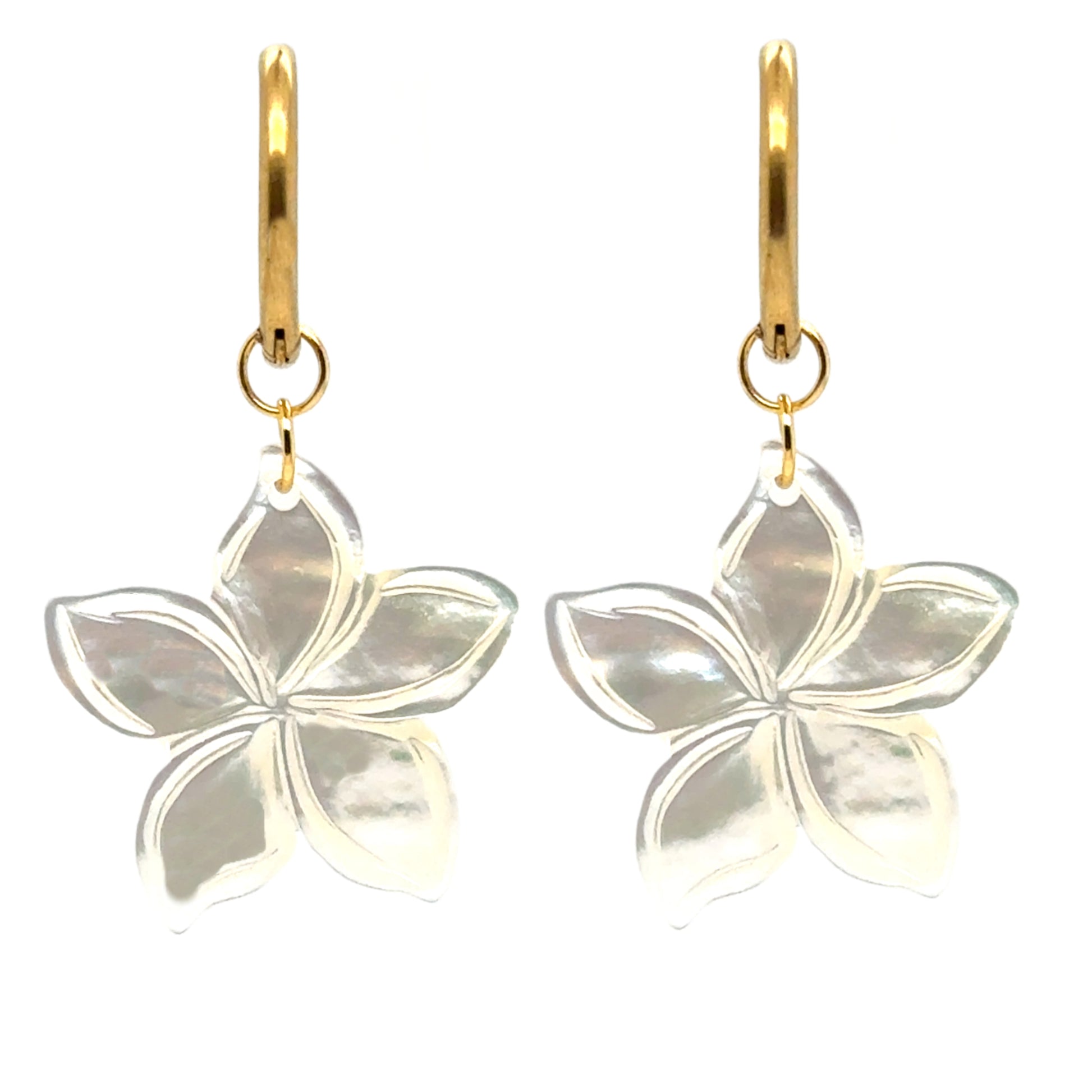 Delicate gold hoop earrings with white flower shaped mother of pearl charms