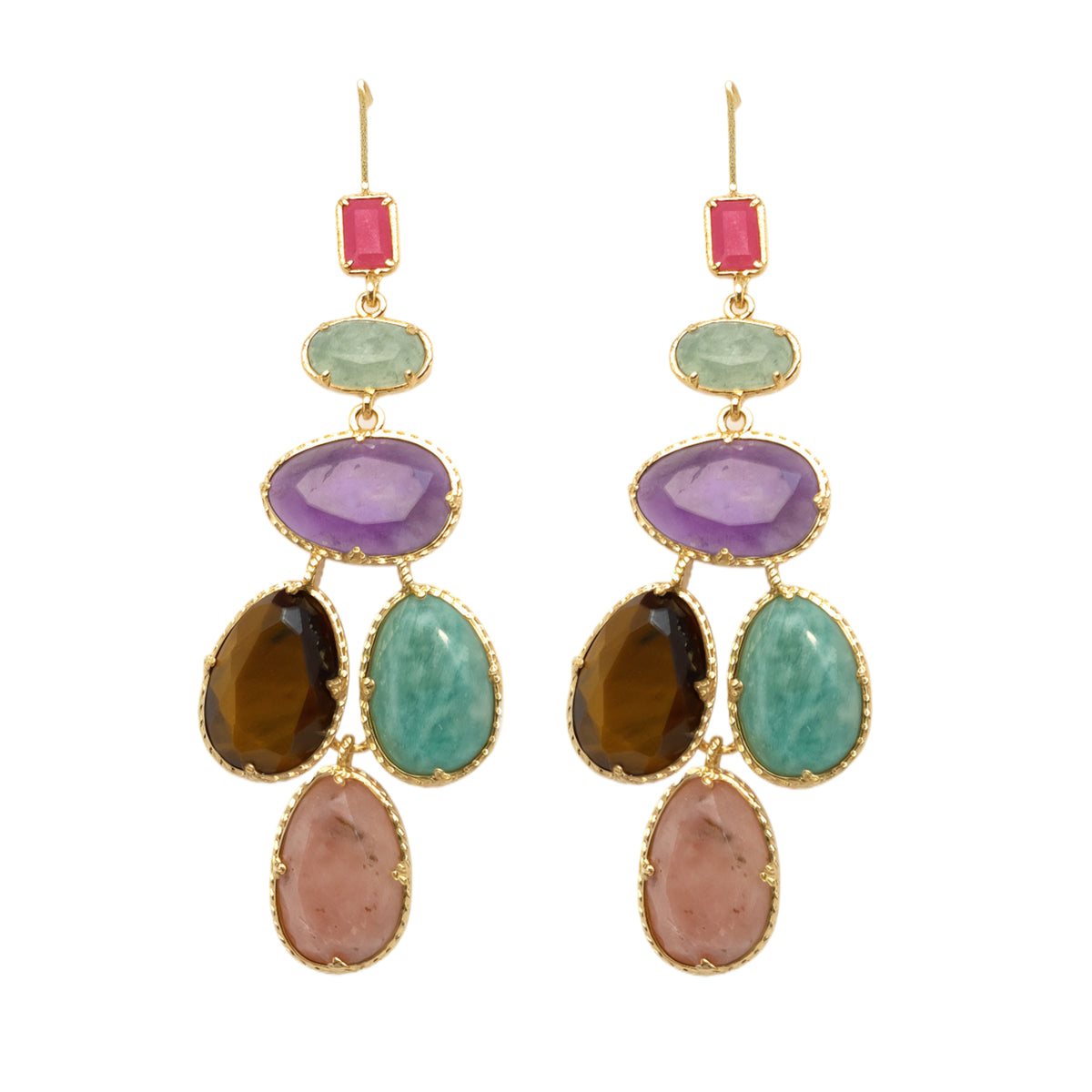 Gorgeous multi gemstone hook earrings with Pink Tourmaline, Aventurine, Amethyst, Tiger Eye, and Amazonite stones