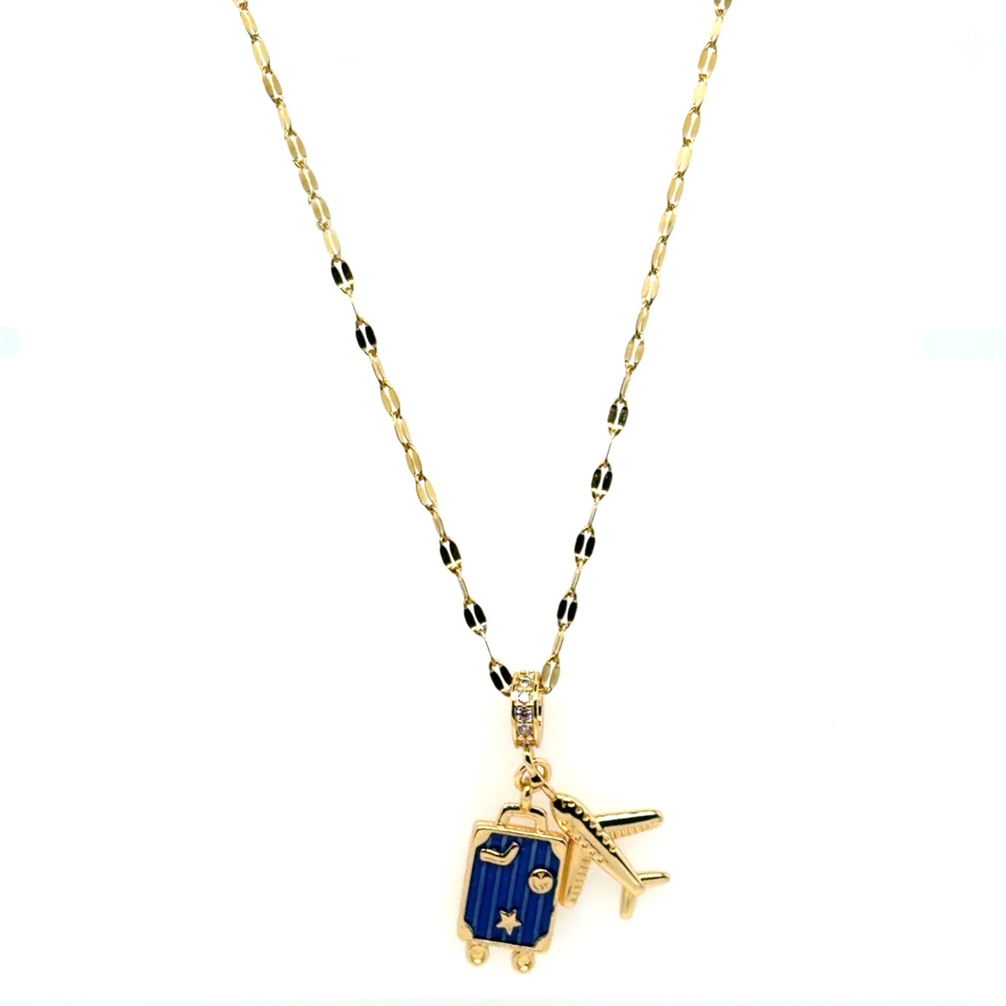 Gold necklace with a blue airplane pendant on a white background