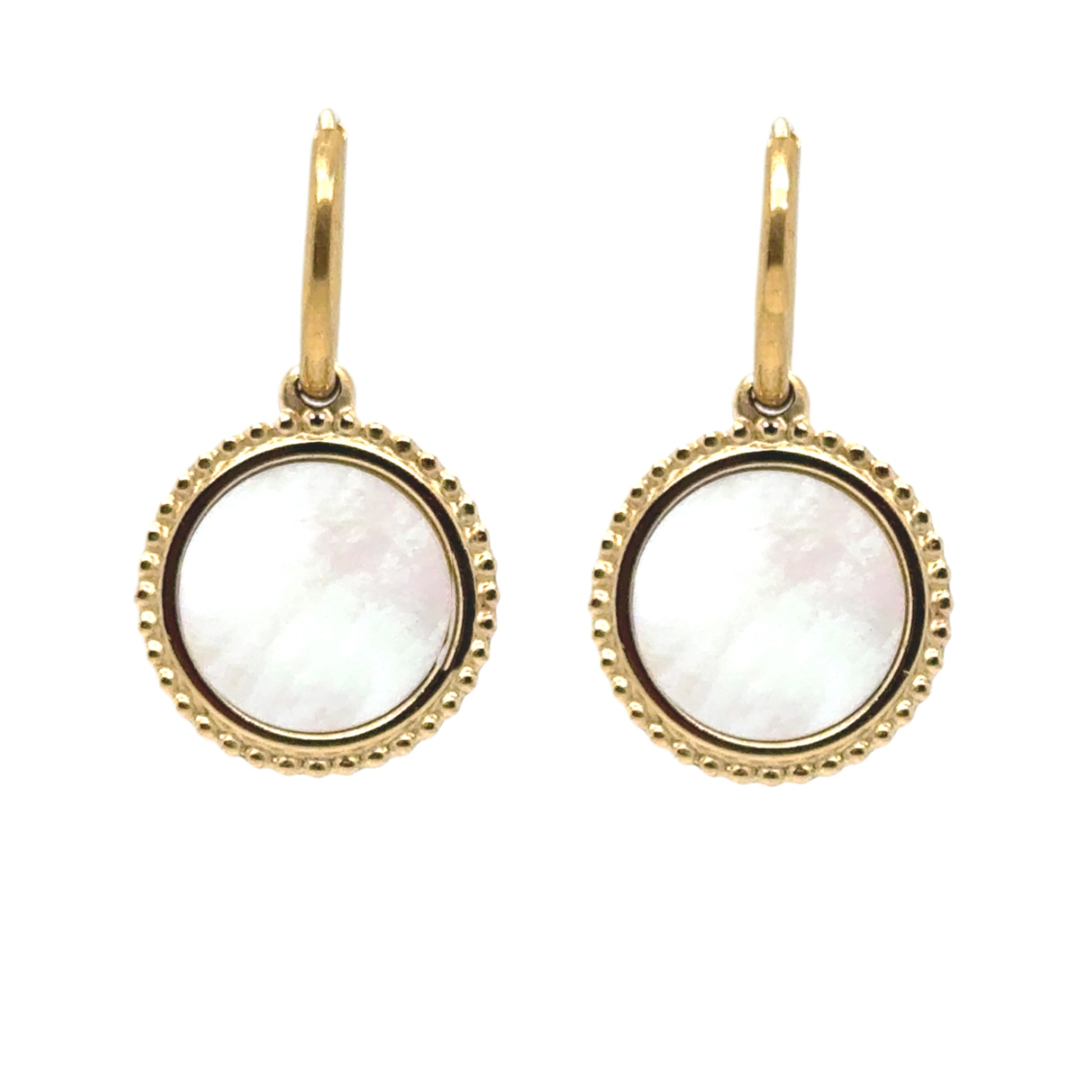 Gold hoop earrings with large mother of pearl and gold patterned charms