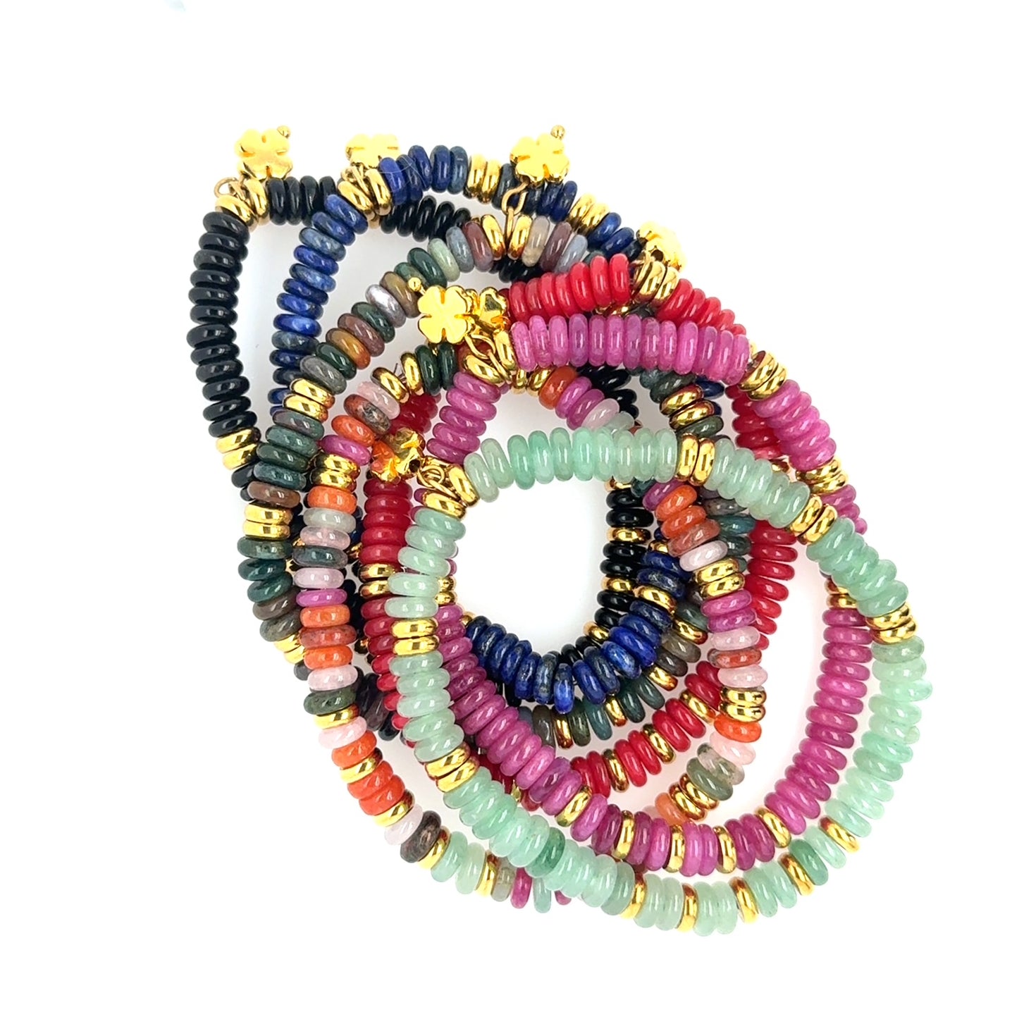 Group of stretchy bracelets with rondelle beads in red, blue, black, green and multi-colours.