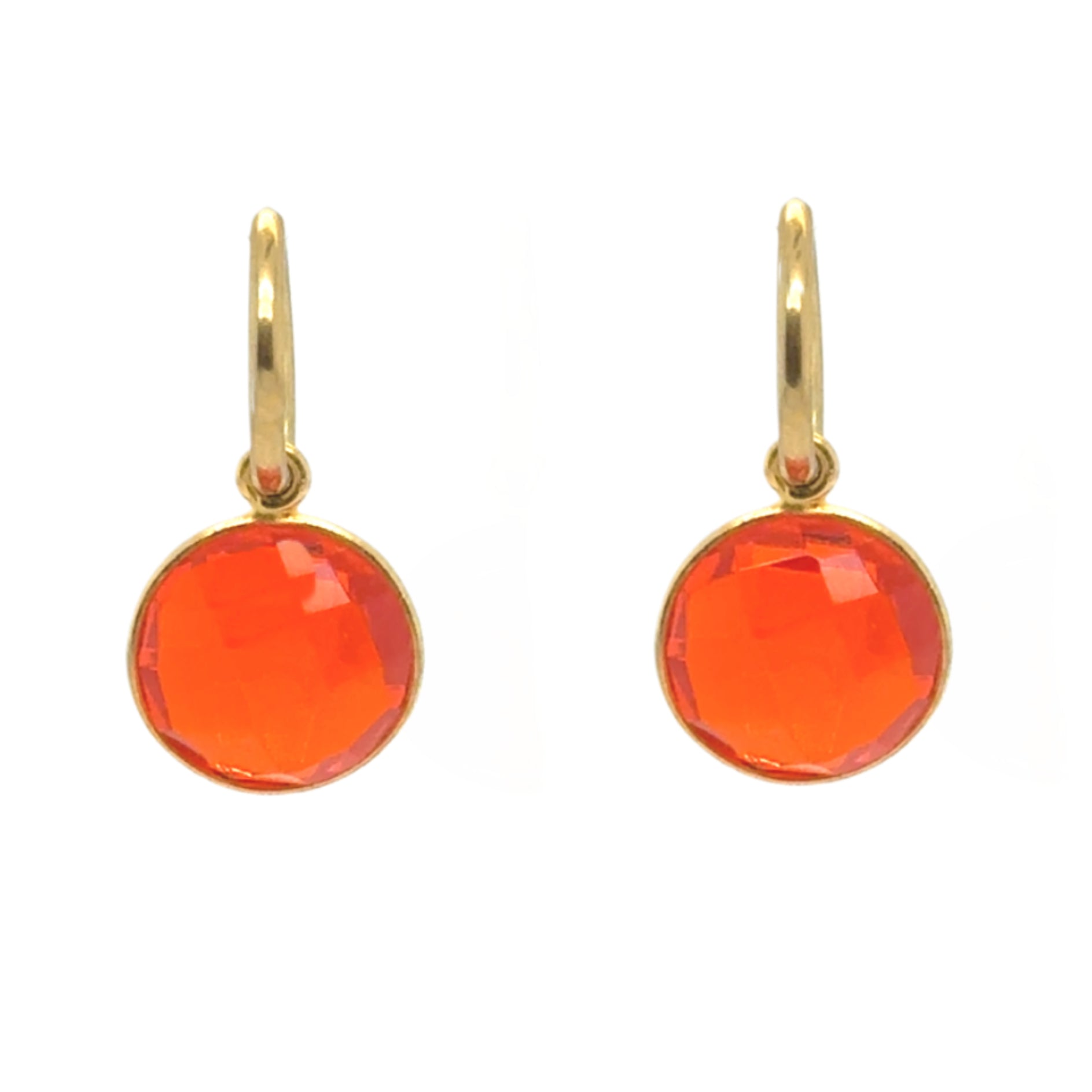Gold hoop earrings with gorgeous orange quartz gemstone round charms
