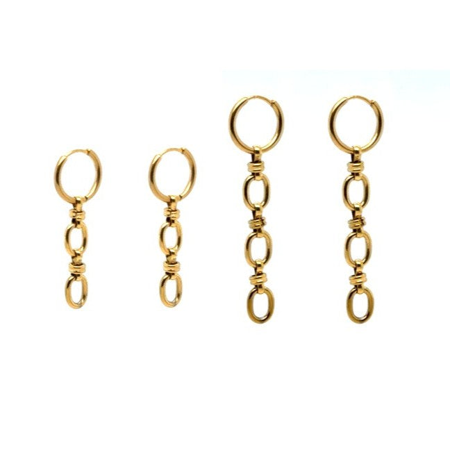 Two sets of gold chain earrings on a white background