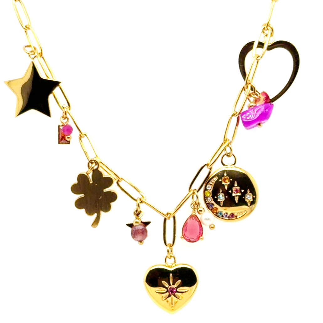 gold necklace witjh danging gold and purple charms