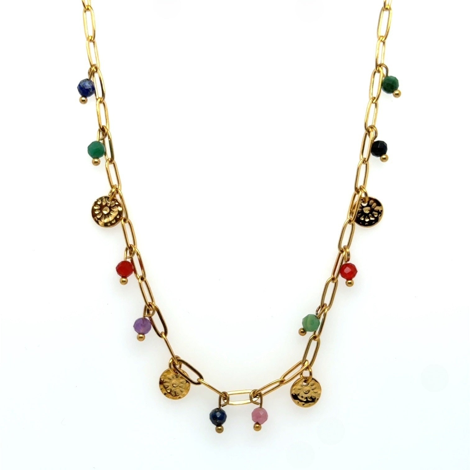 Gold paperclip style necklace with dangling little discs and gemstone beads in a rainbow of colours