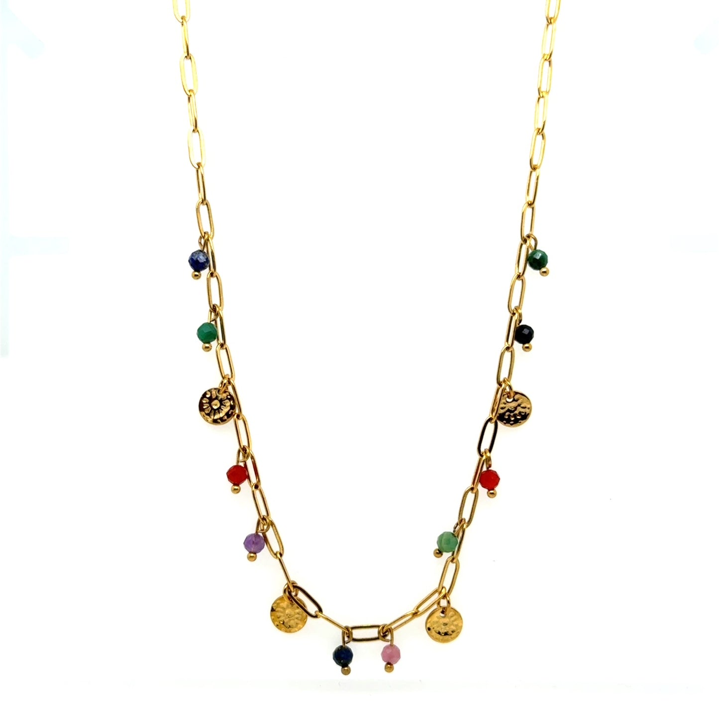 Gold necklace with colorful beads on a white background