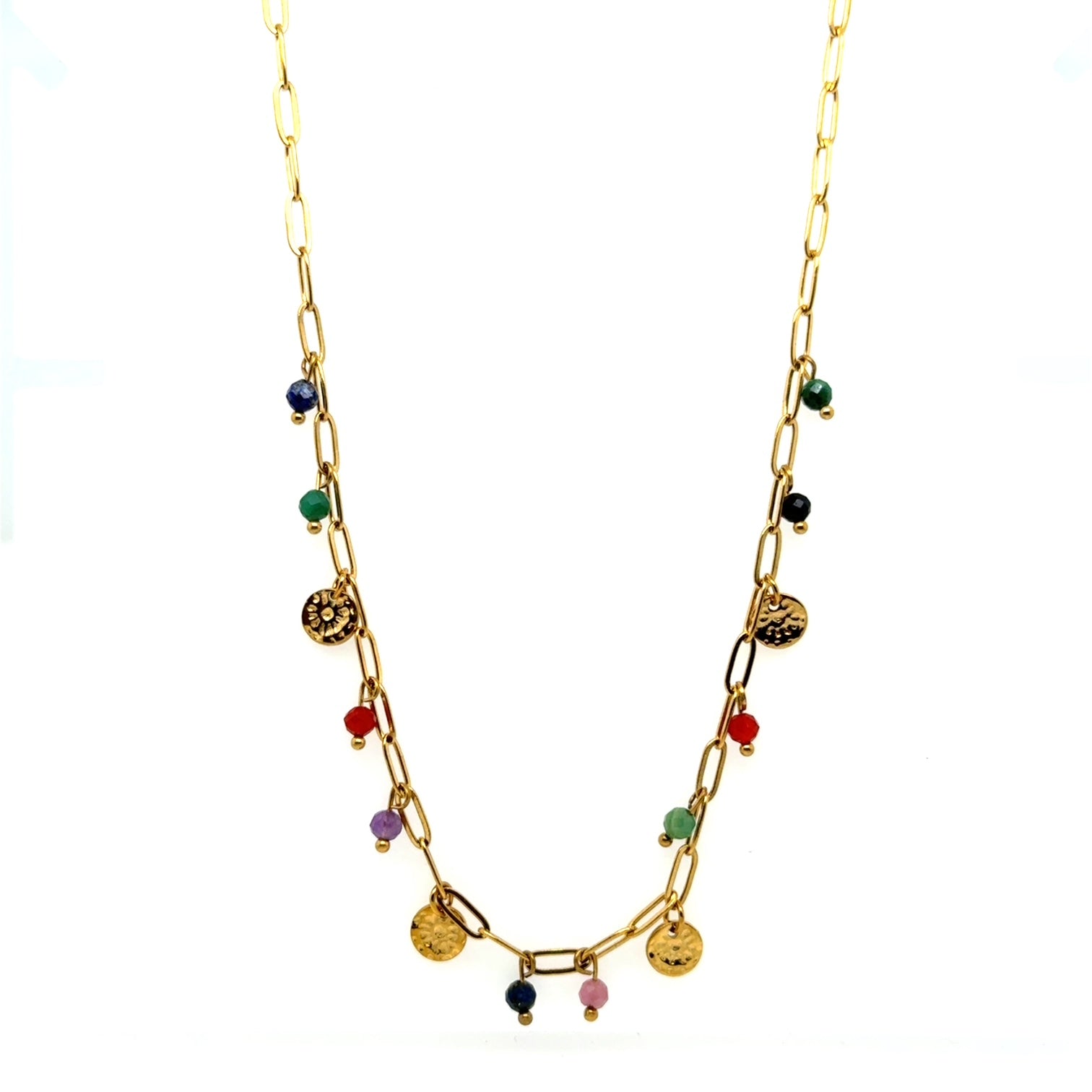 Gold necklace with colorful beads on a white background