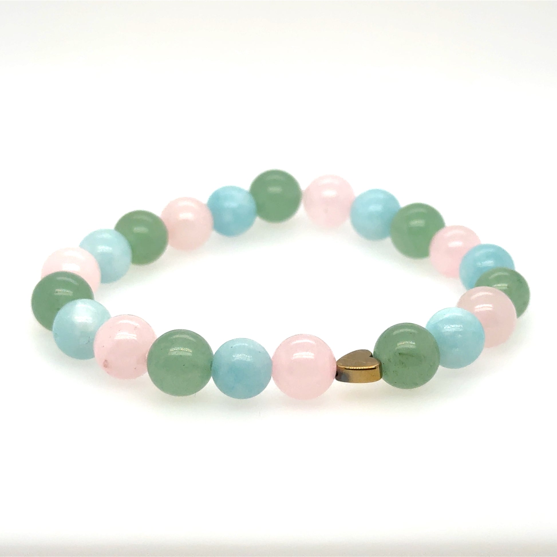 This bracelet has 8mm pastel coloured Aventurine, Rose Quartz and Angelite gemstones. It also has a small Hematite heart bead and is made on a strong stretchy elastic.