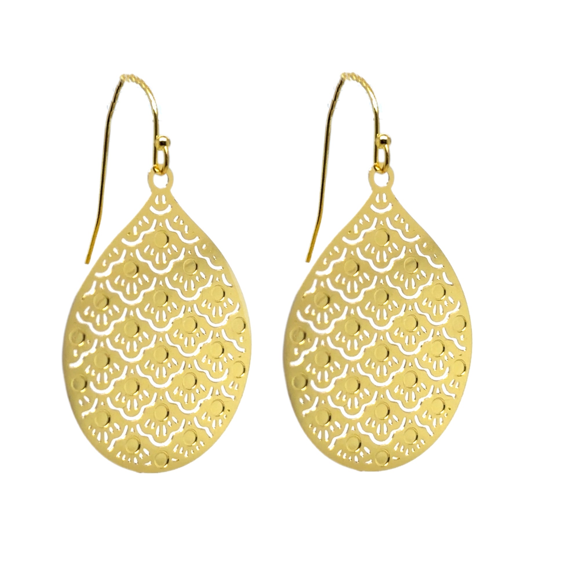 Small patterned shimmery gold teardrop earrings that are made with 14 karat gold filled hooks