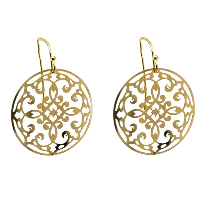 Small bohemian patterned gold round earrings