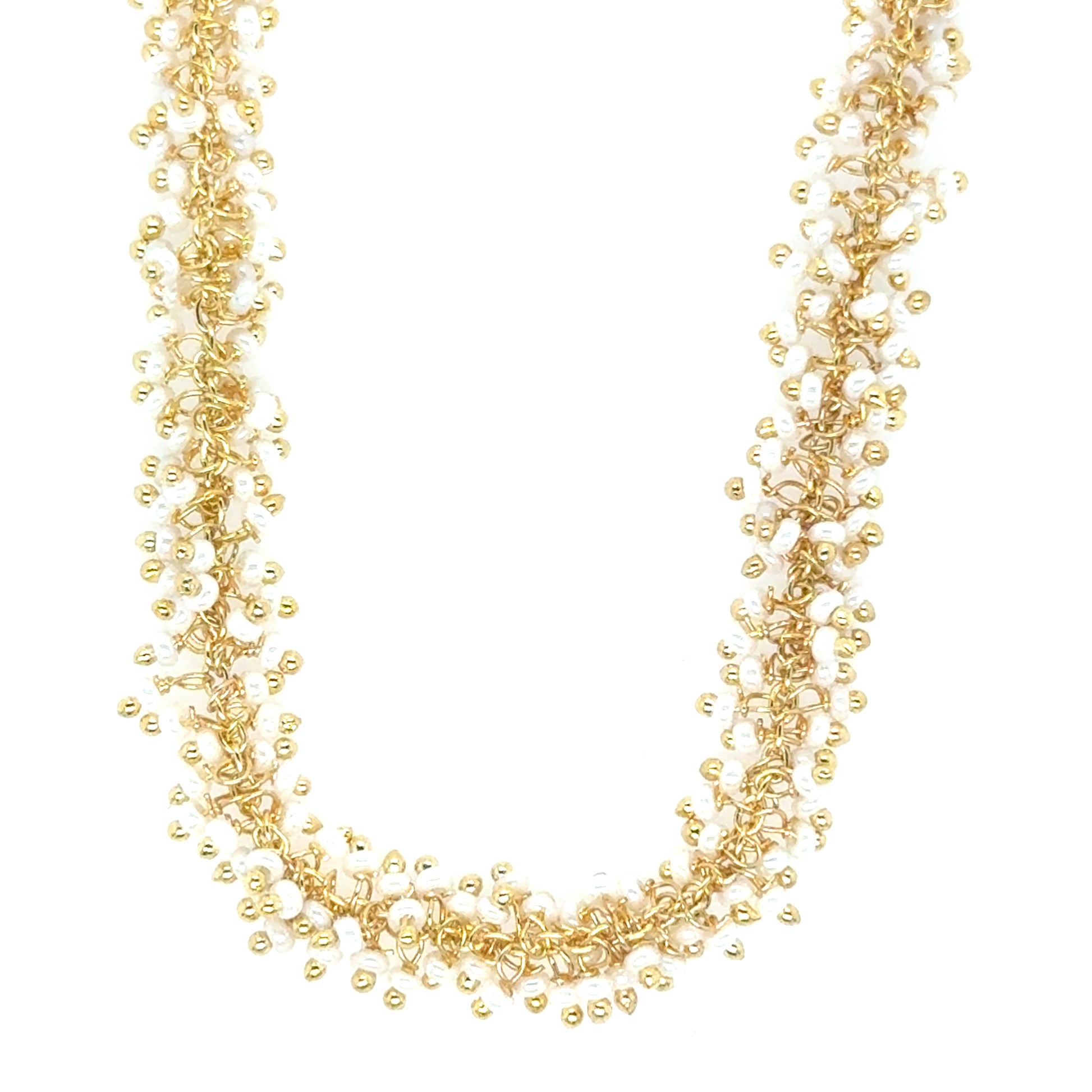 Gold necklace with 2mm pearl beads in grape dangling style.