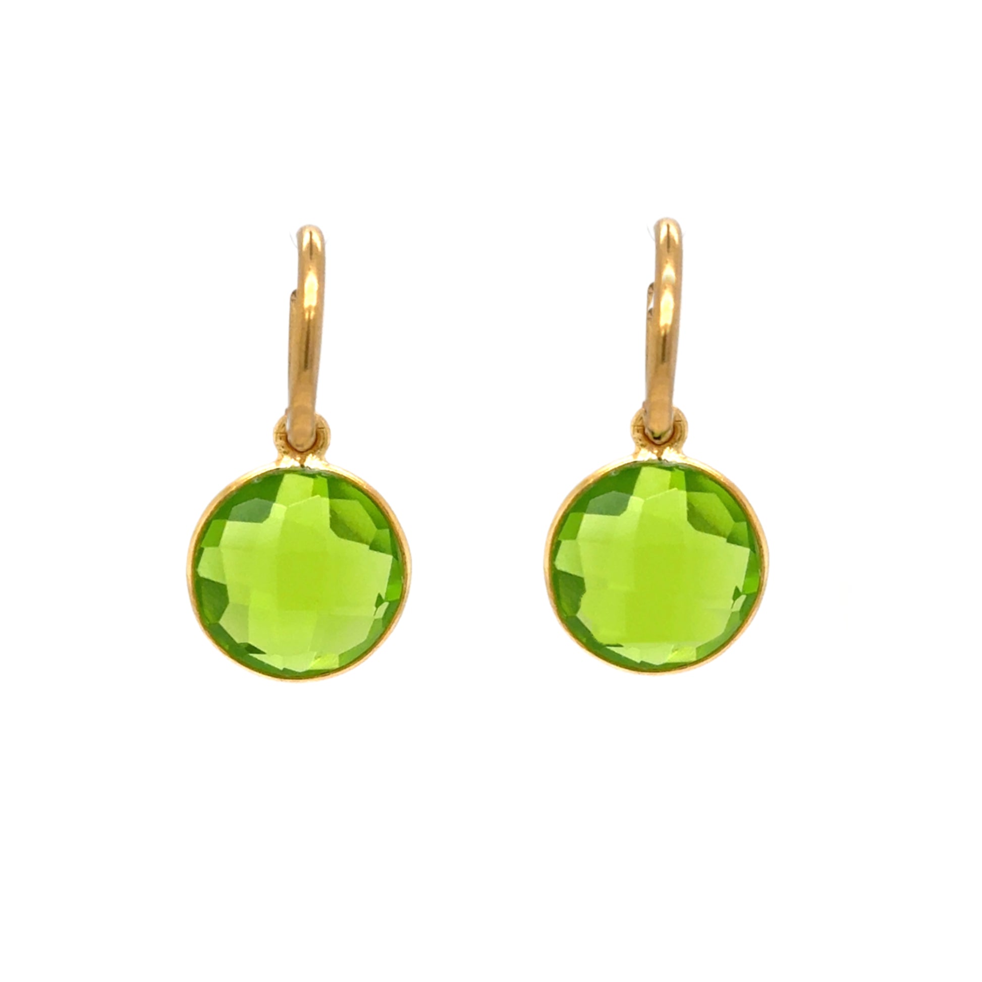 Delicate gold hoop earrings with gorgeous Peridot semi-precious gemstone round charms