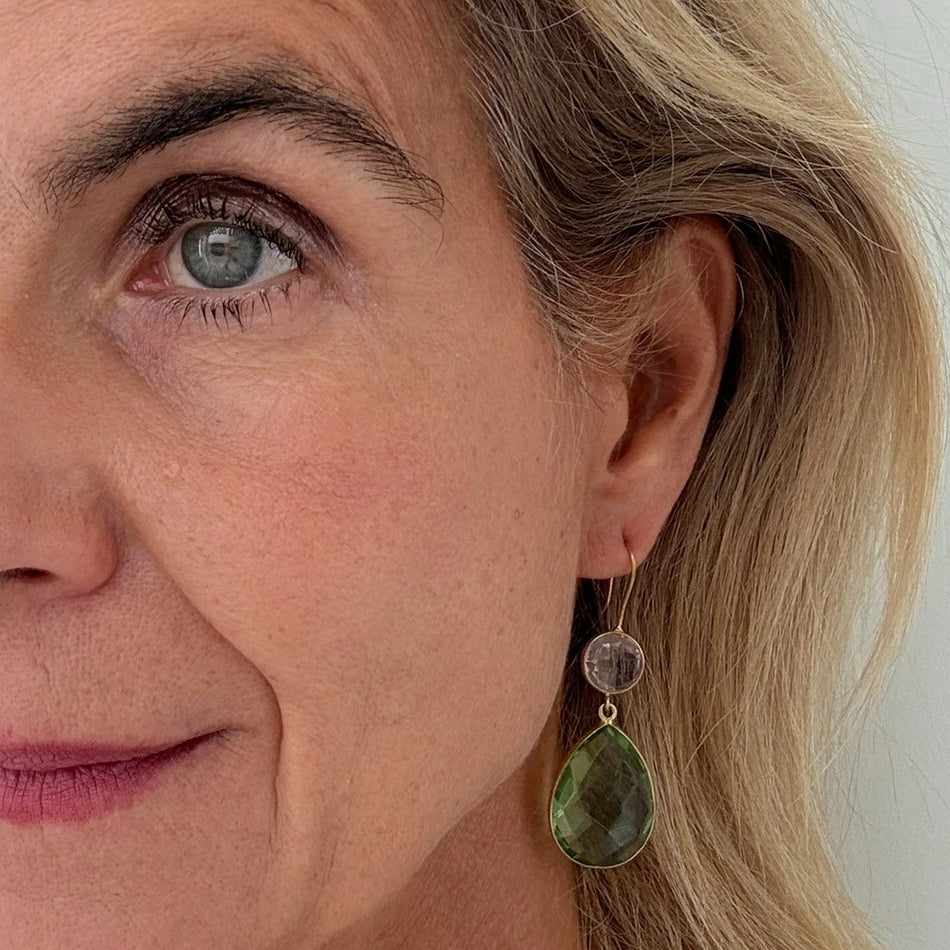 Earrings with Rose Quartz and Peridot gemstones worn on model.