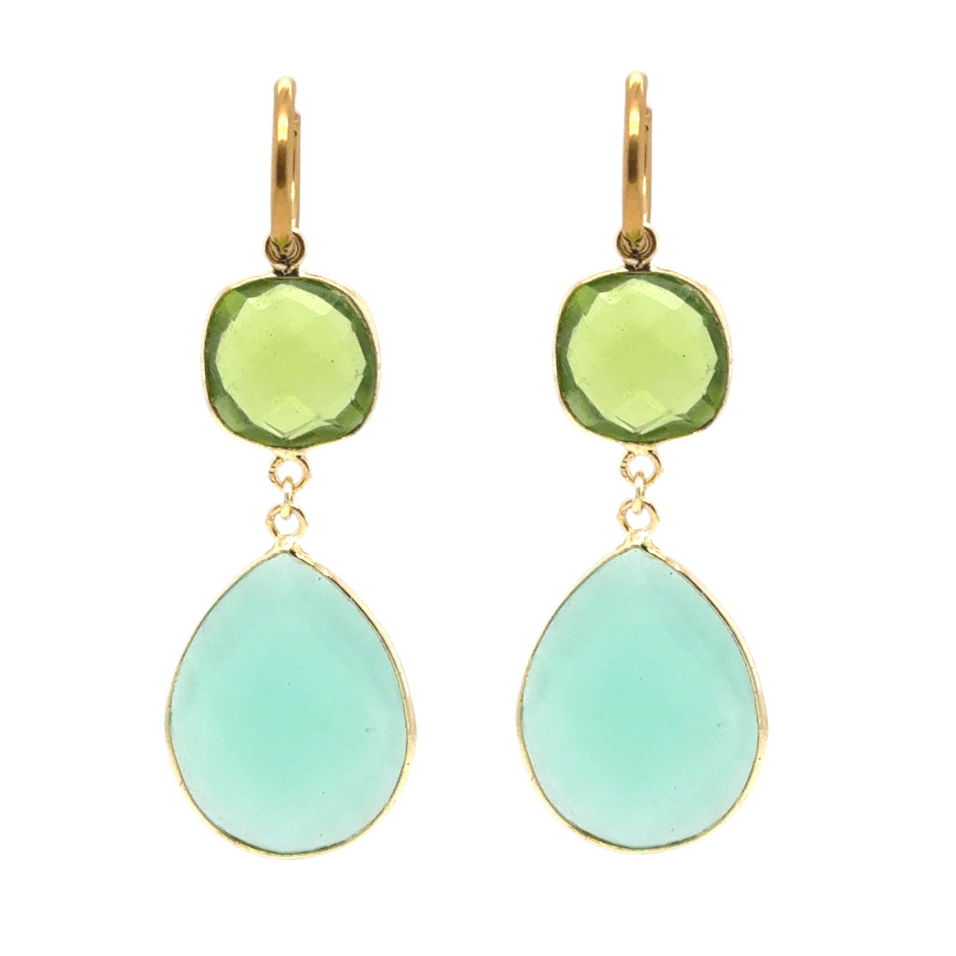 Big dangling hoop earrings with Peridot and Aqua Hydro Quartz gemstone charms