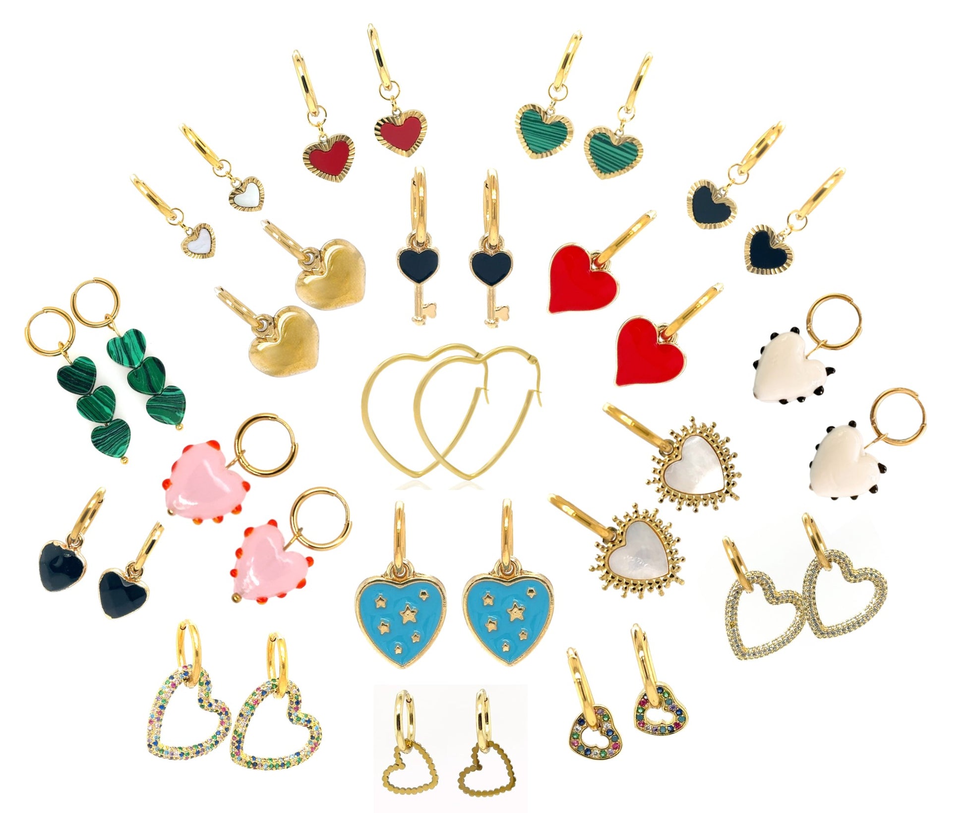 many gold hoop arrings with different heart shaped charms