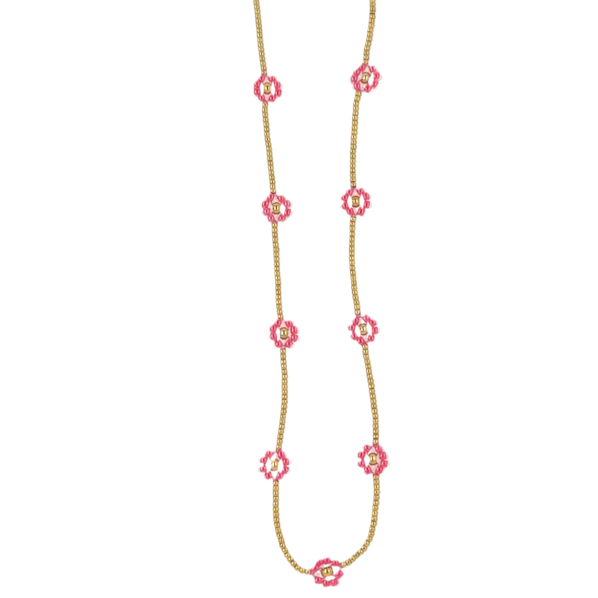 Necklace with seven small pink flowers on a gold bead chain on white background