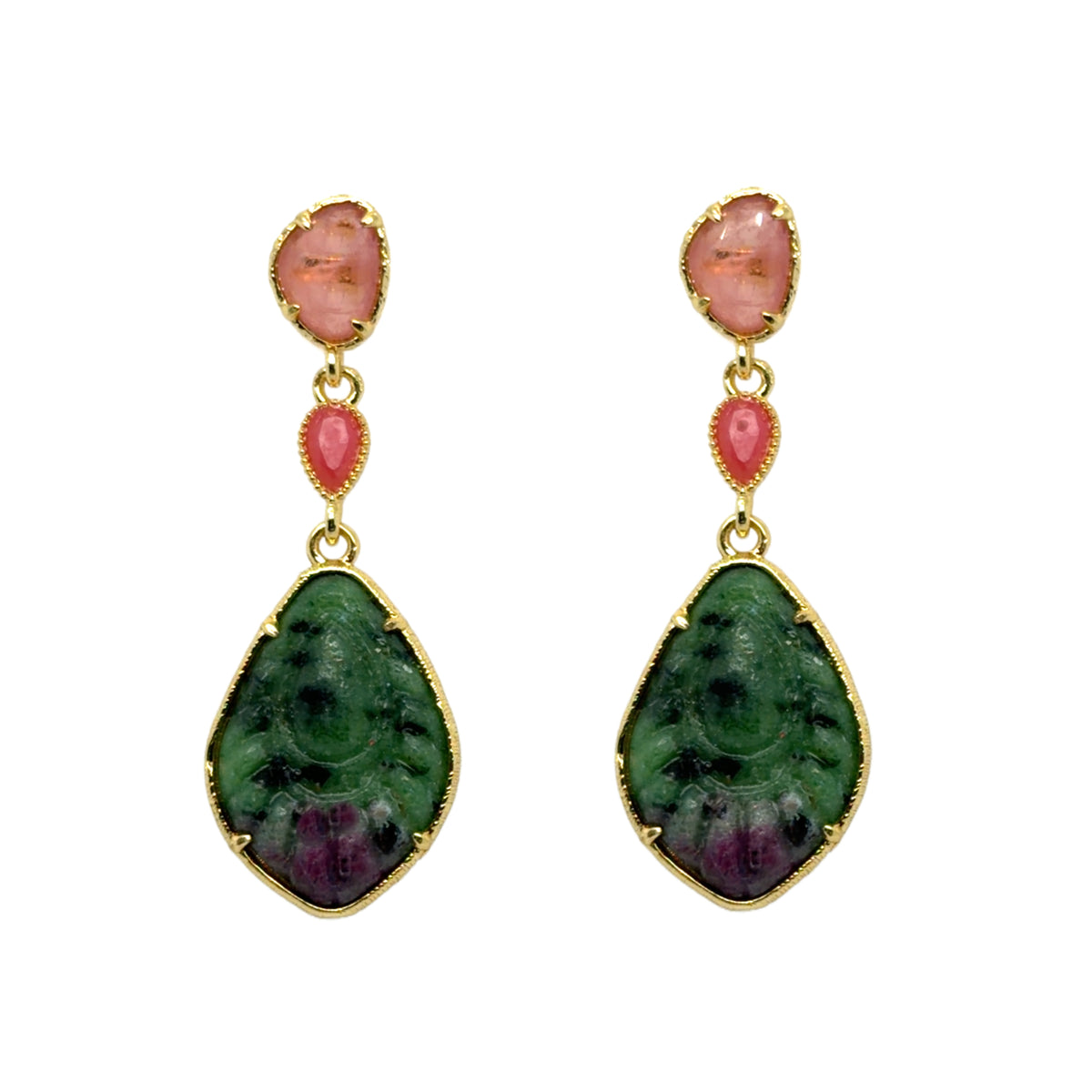 Gorgeous semi-precious gemstone stud earrings with dangling Pink Quartz, Tourmaline, and Ruby Zoisite stones