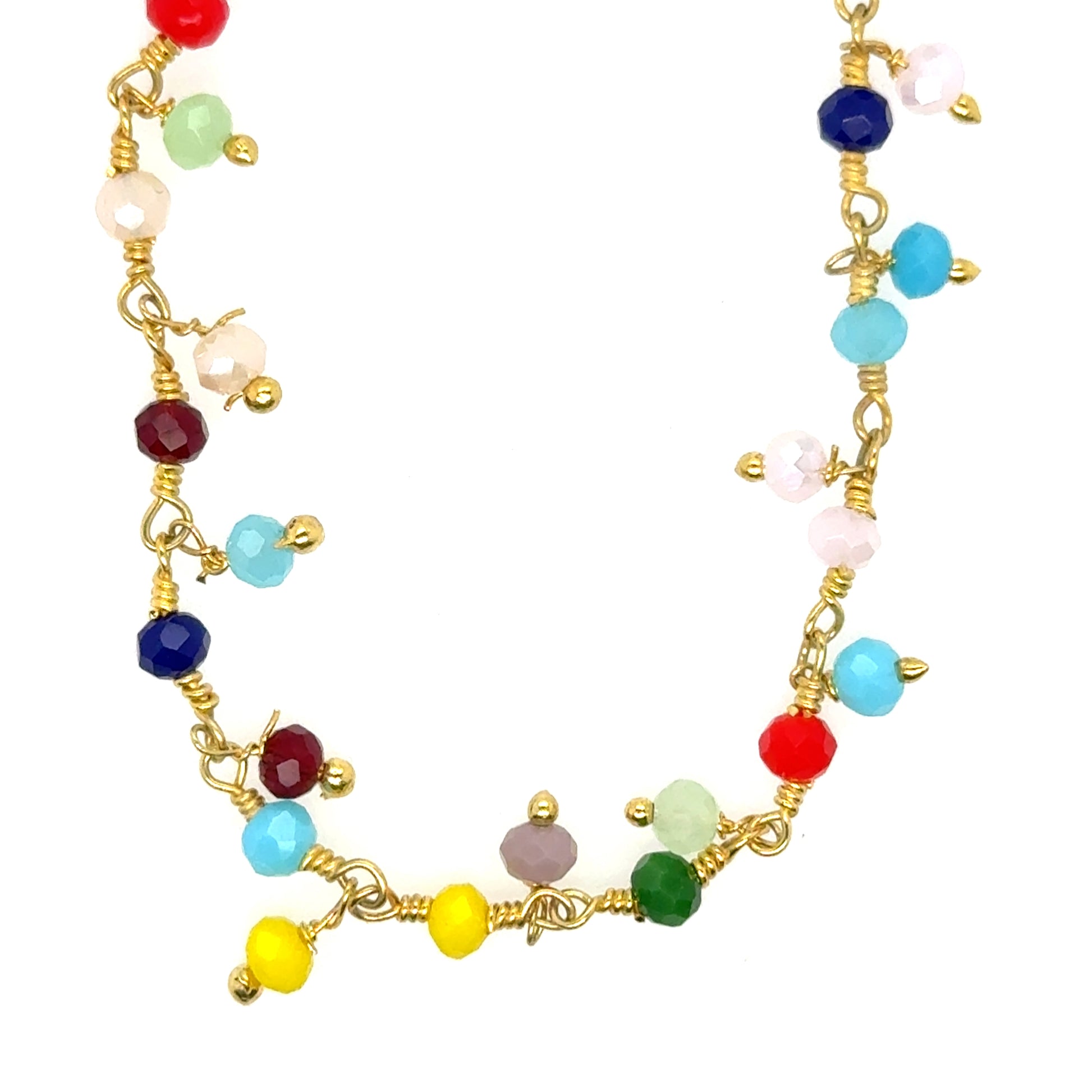 Rosary necklace with a rainbow of dangling quartz 3-4mm gemstones