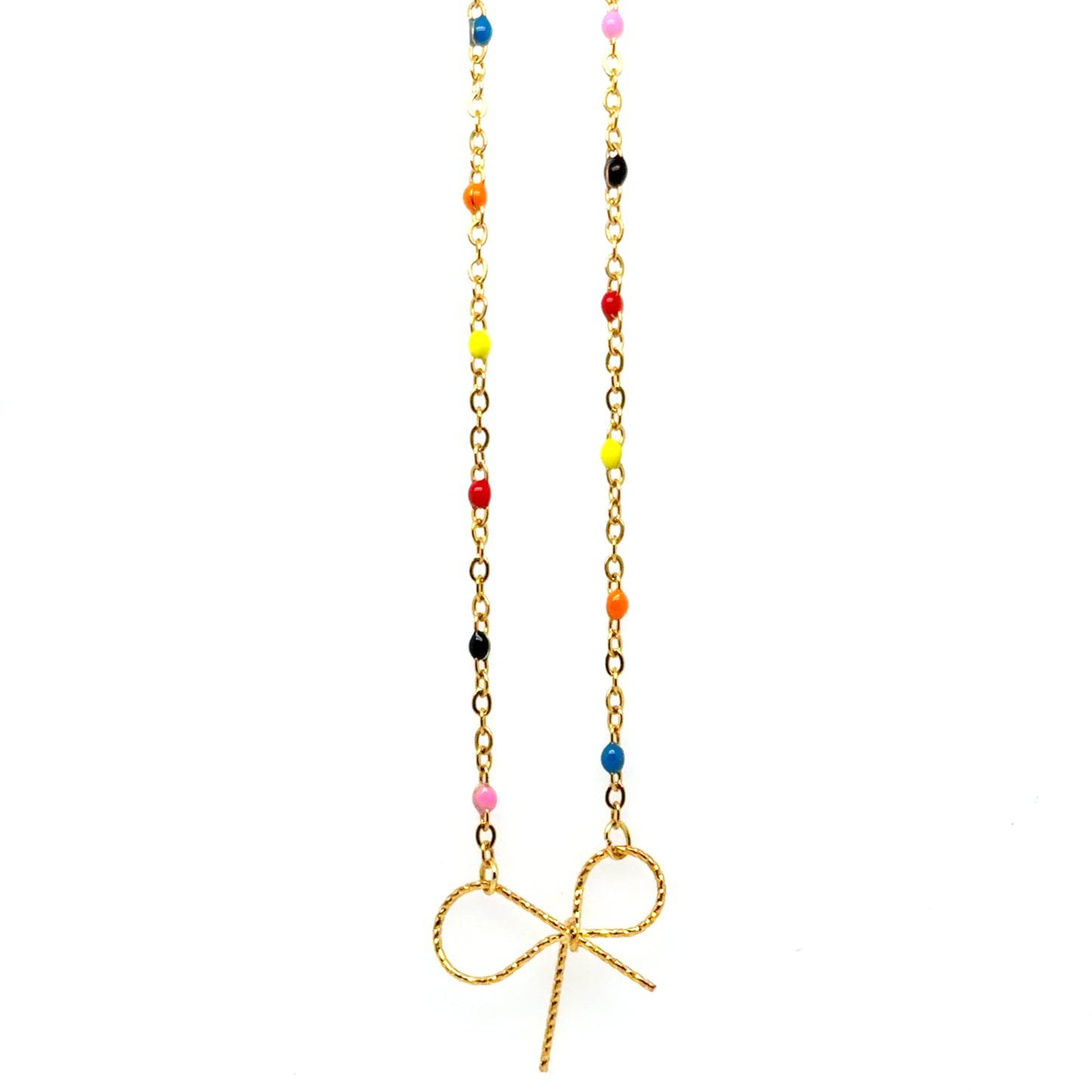 Necklace with colorful beads and a gold bow charm on a white background