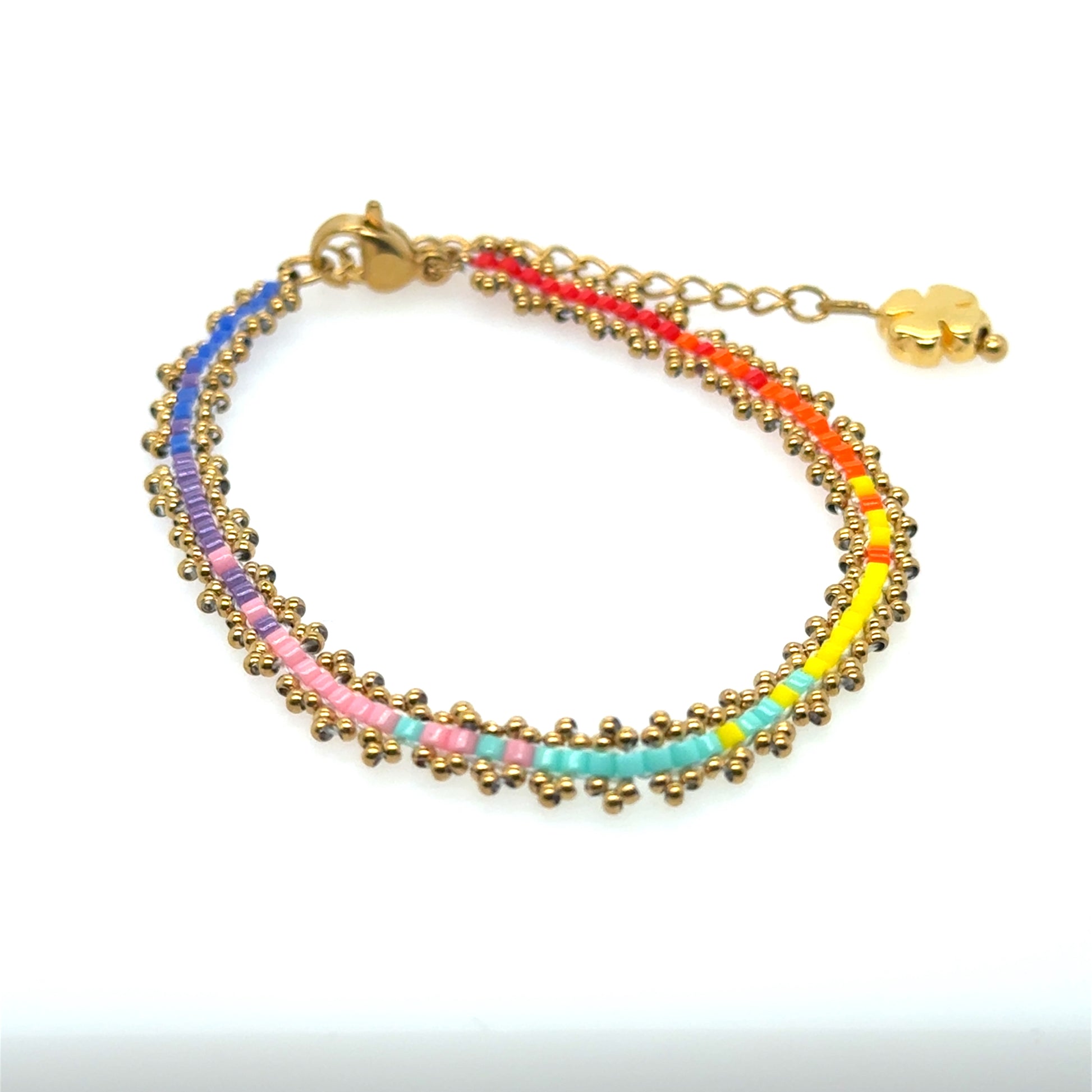 Lovely bracelet with rainbow coloured Miyuki beads woven with gold beads. Lobster clasp with adjustable chain