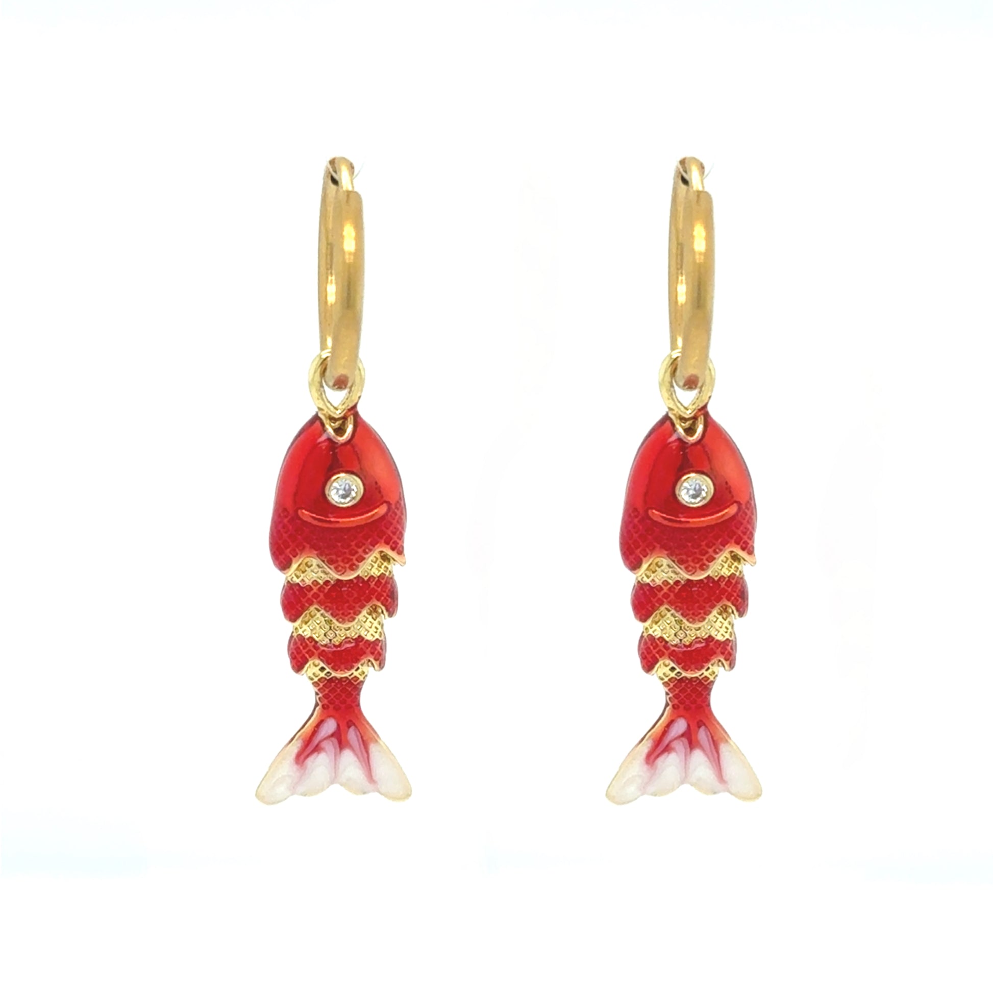 Delicate gold hoop earrings with red moving fish charms