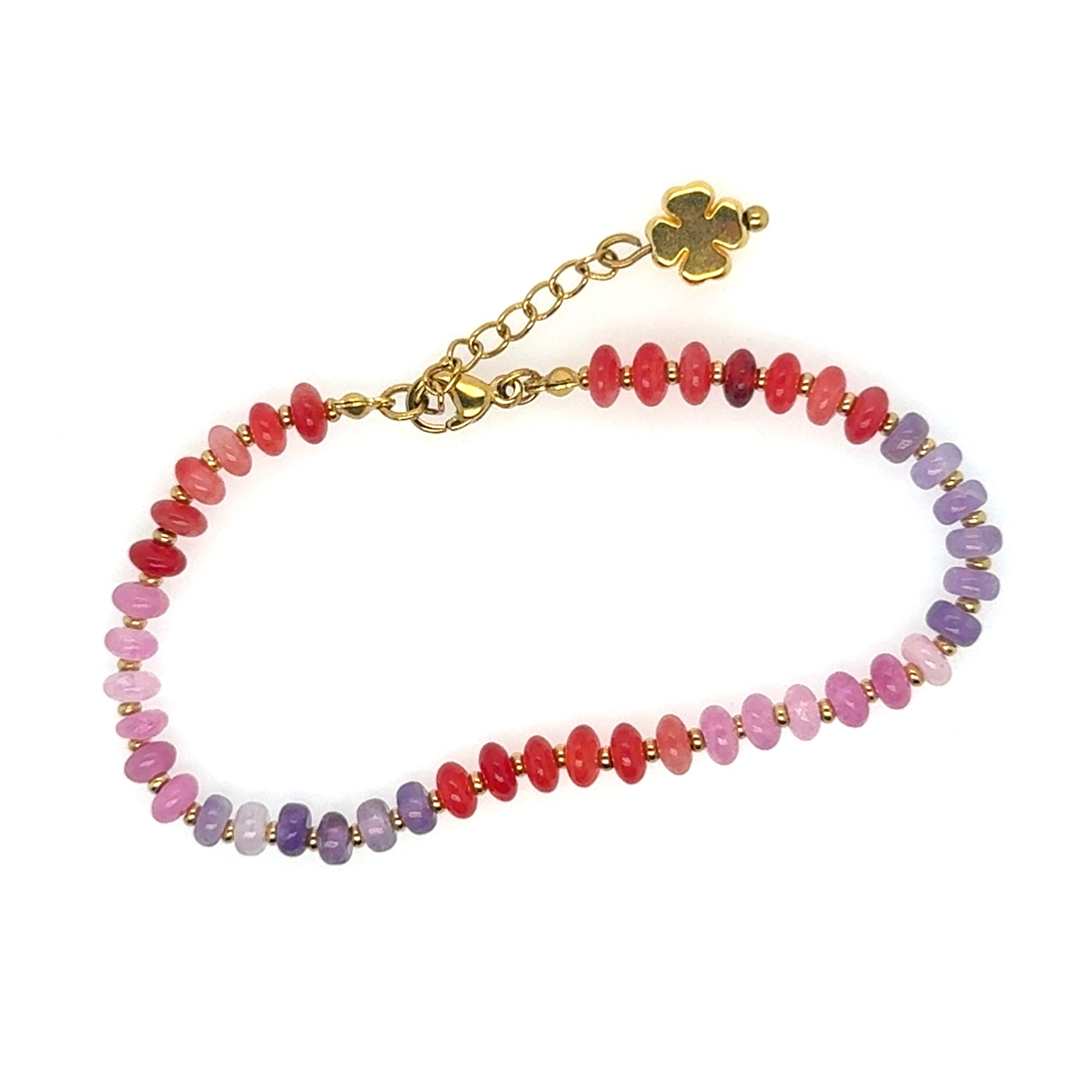 Gorgeous bracelet with oval flat quartz gemstones in red, pink & purple