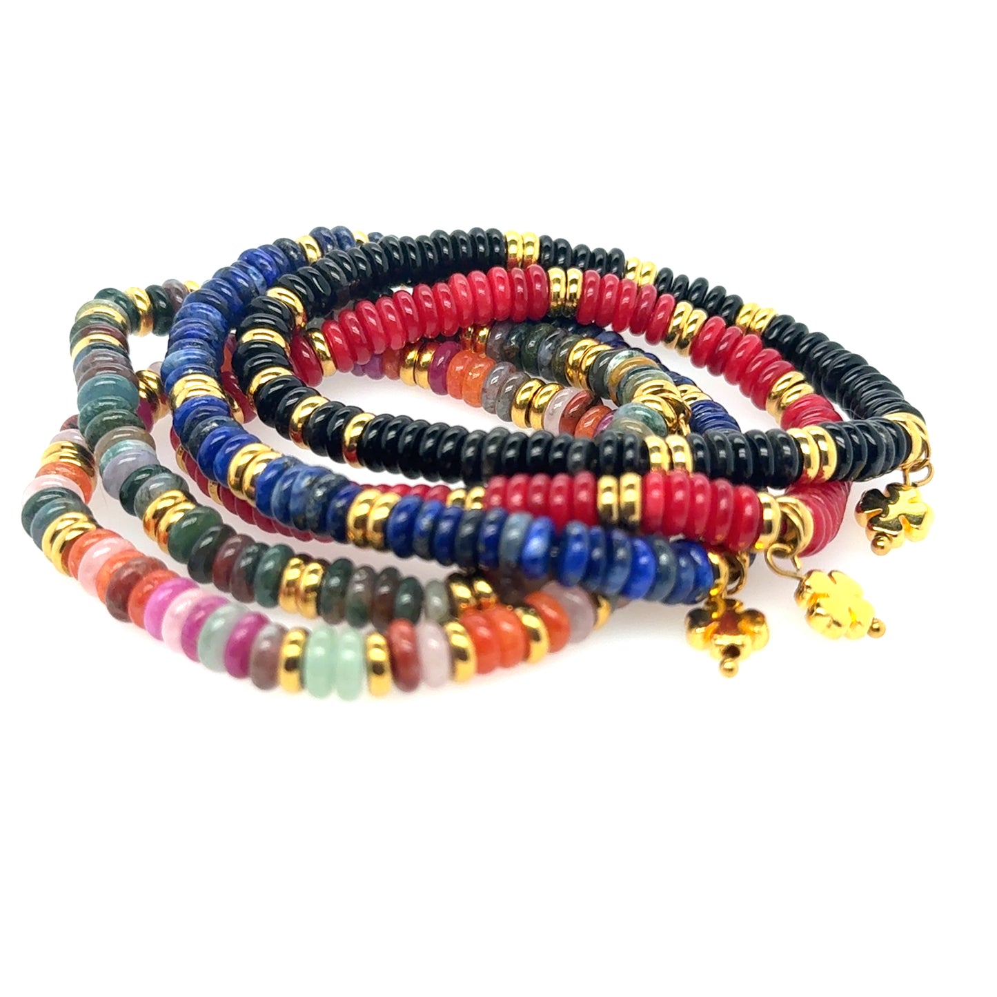 Group of stretchy bracelets with rondelle beads in red, blue, black, green and multi-colours.