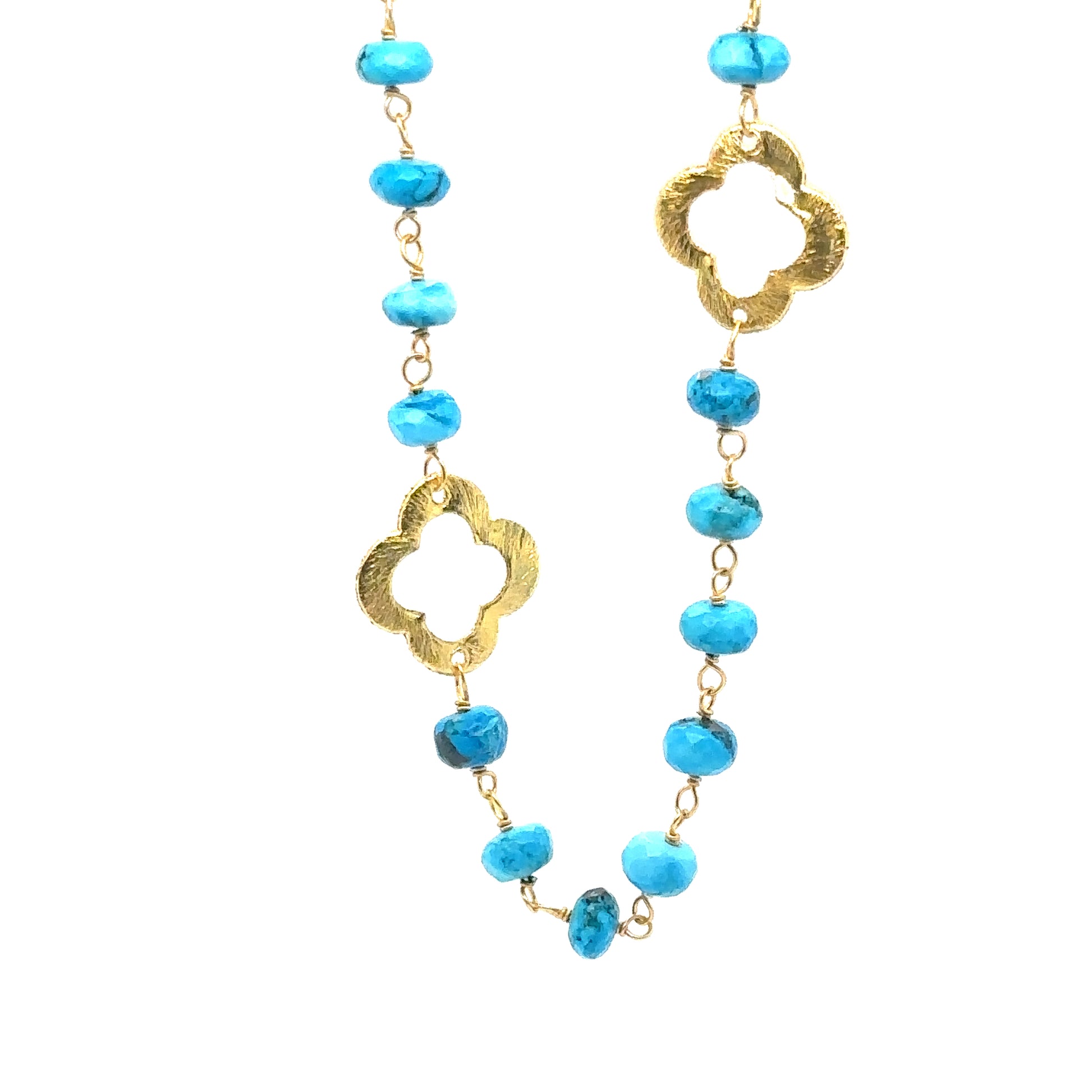 Bright turquoise gemstone rosary chain with flat gold clover charms.