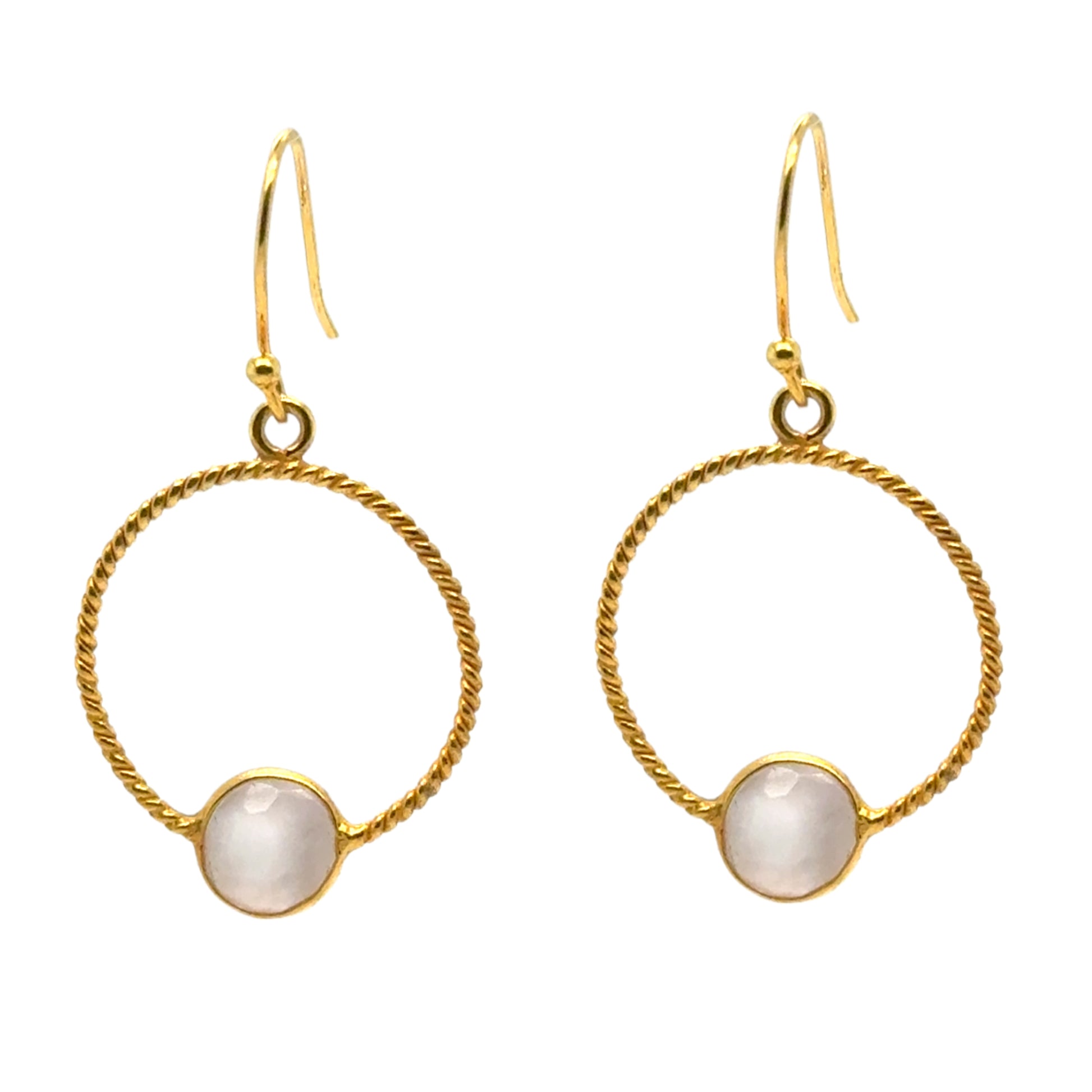 Lovely twisted gold circle earrings with small Rose Quartz charm