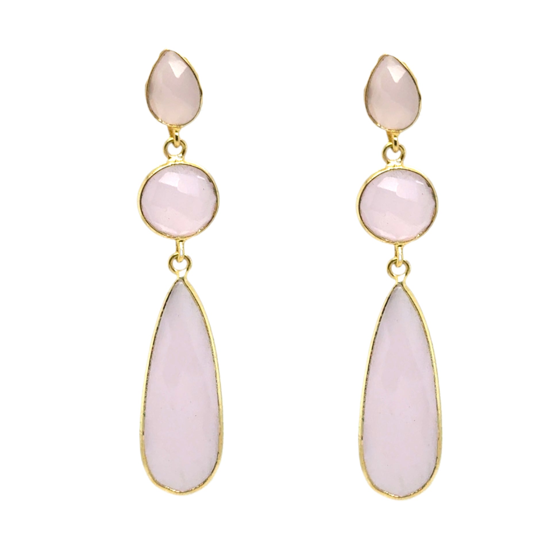 Lovely dangling earrings with three Rose Quartz semi-precious gemstone charms